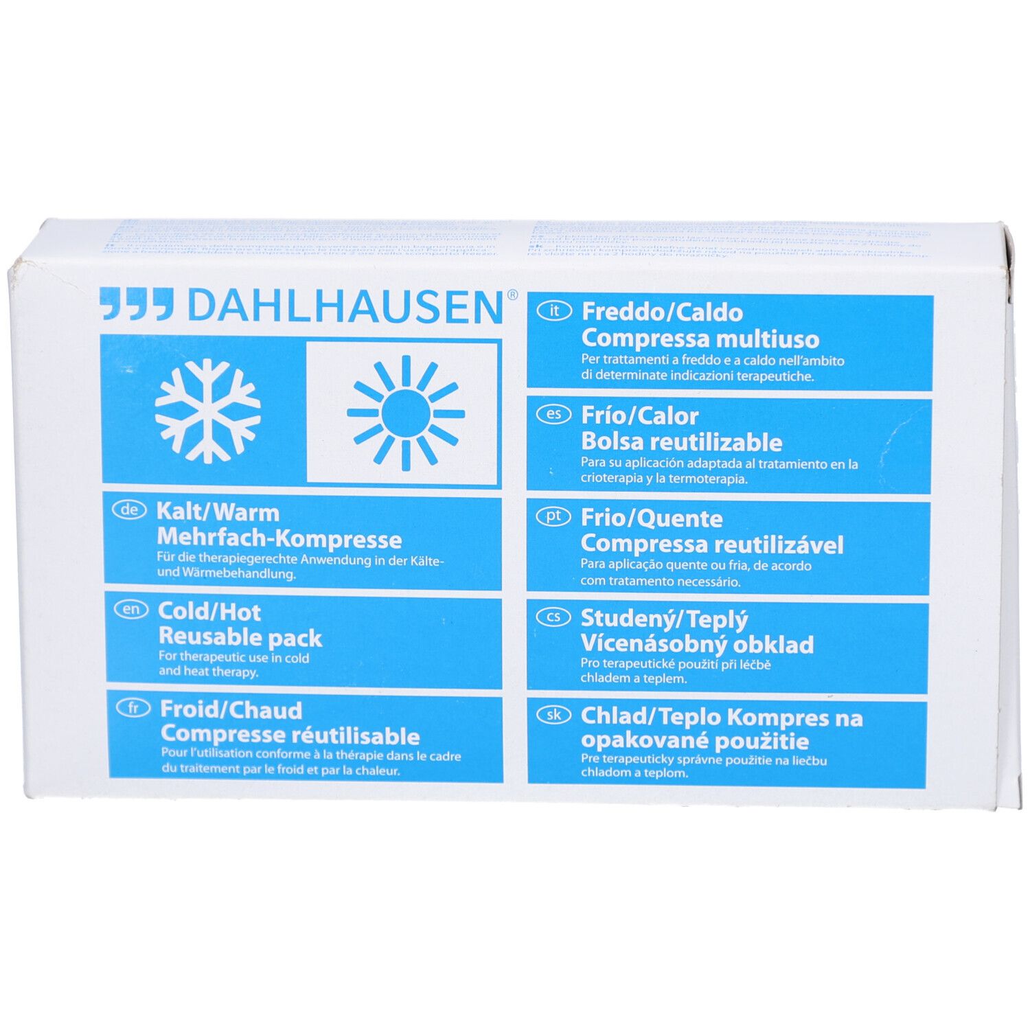 Produktverpackung mit DAHLHAUSEN Logo und Piktogrammen für Kalt-/Warmkompresse. Mehrsprachige Beschriftung.