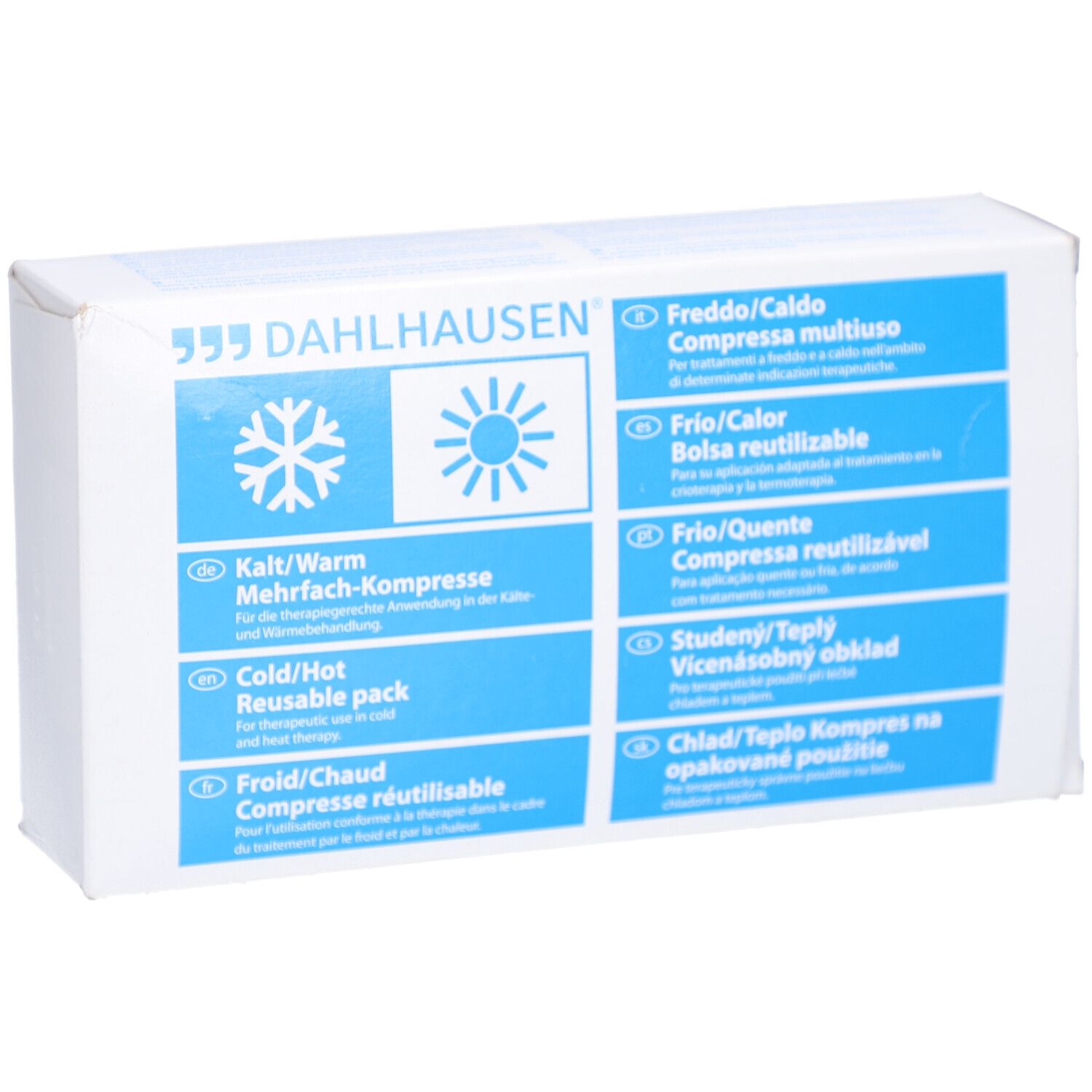 Produktverpackung mit DAHLHAUSEN Logo und Piktogrammen für Kalt-/Warmkompresse. Mehrsprachige Beschriftung.