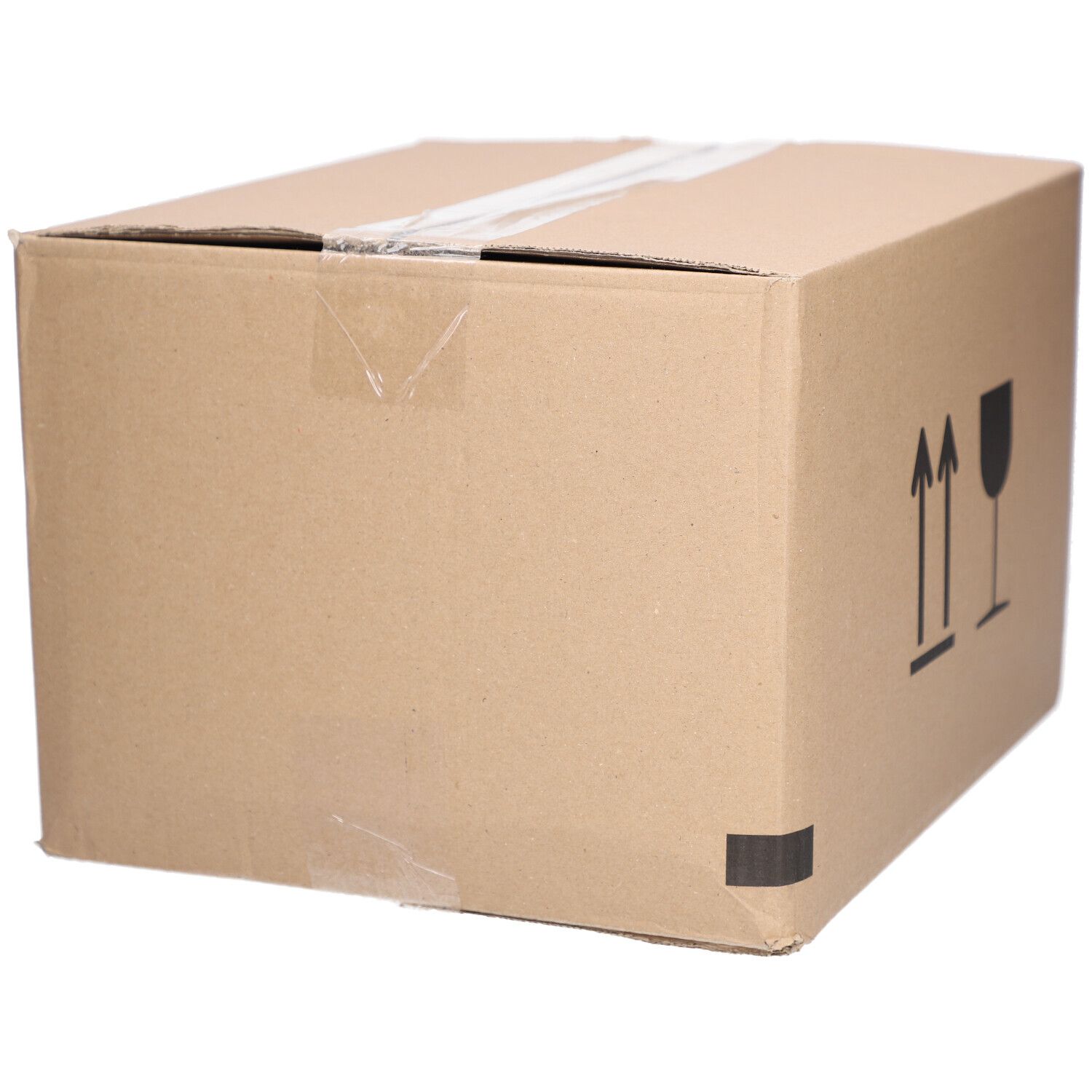 Brauner Karton. Aufdrucke: Pfeile, Glas-Symbol. Klebeband. Keine Produktinformationen sichtbar.