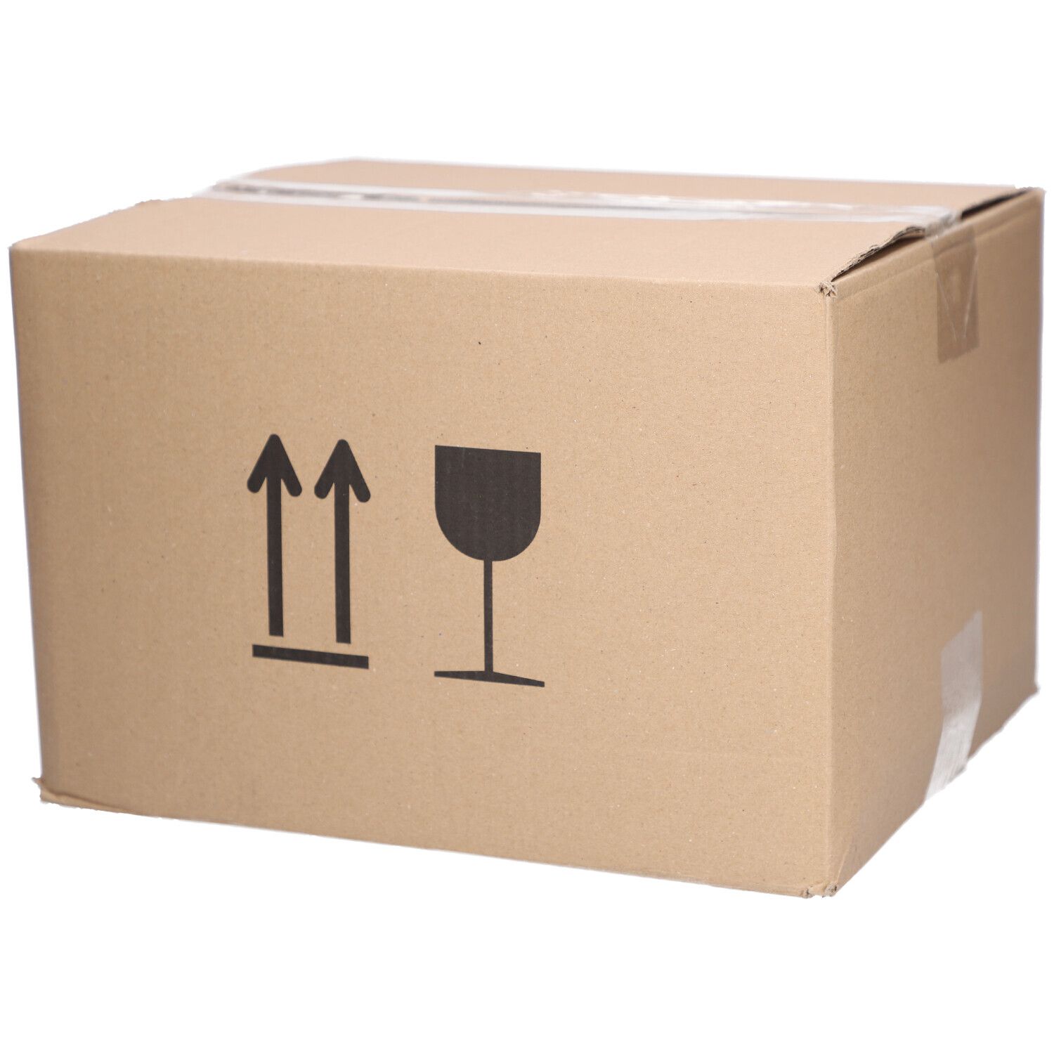 Brauner Karton. Aufdrucke: Pfeile, Glas-Symbol. Klebeband. Keine Produktinformationen sichtbar.