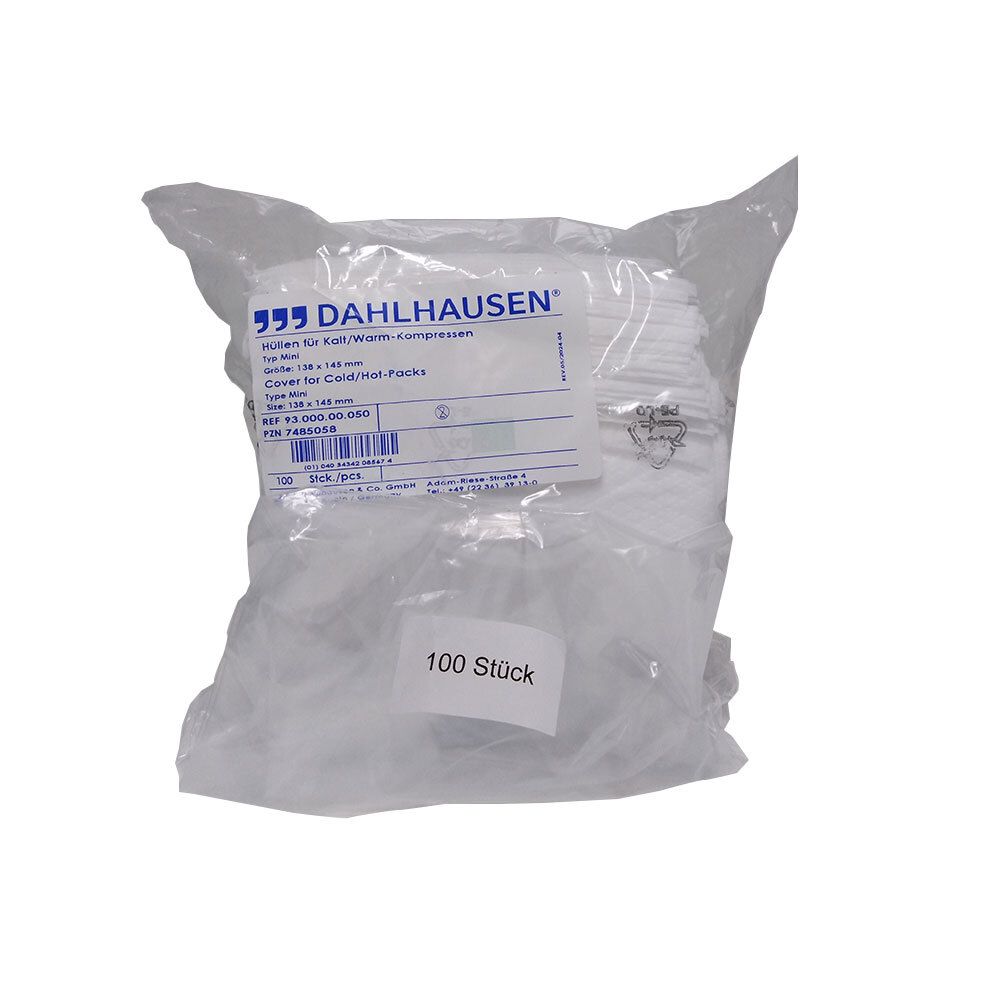 Verpackung mit Schutzhüllen für kalte/warme Kompressen. Transparent, mit Produktinformationen und Logo. Enthält 100 Stück.