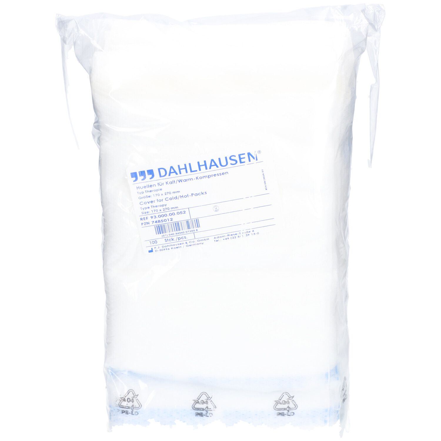 DAHLHAUSEN Schutzhülle für Kompressen in Plastikverpackung. Aufschrift mit Produktinformationen. Weiße Hülle.