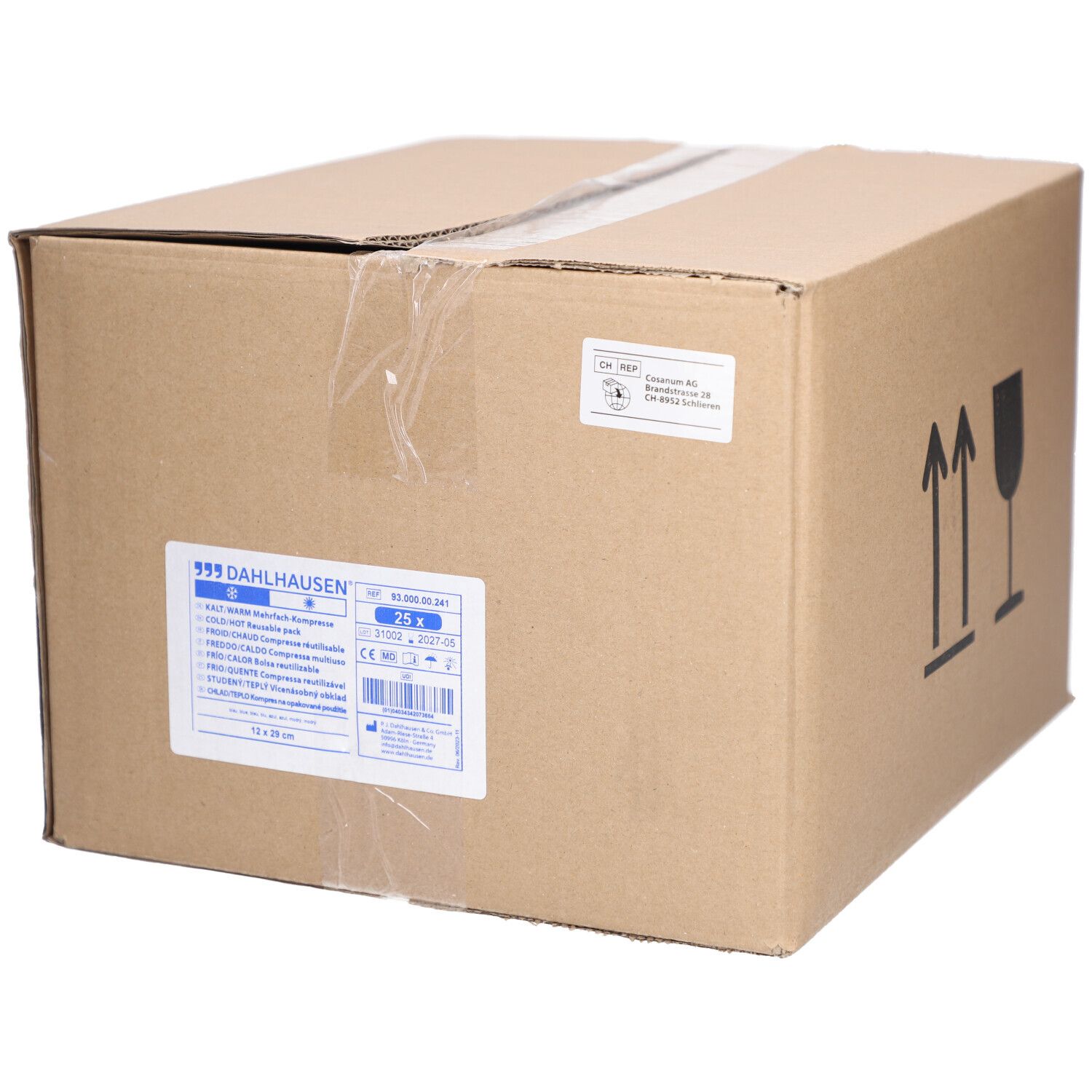 Karton mit Produktetikett. Aufdrucke: DAHLHAUSEN, Kalt-/Warmkompresse, 12 x 29 cm, CE-Kennzeichnung. Karton mit Klebeband verschlossen.