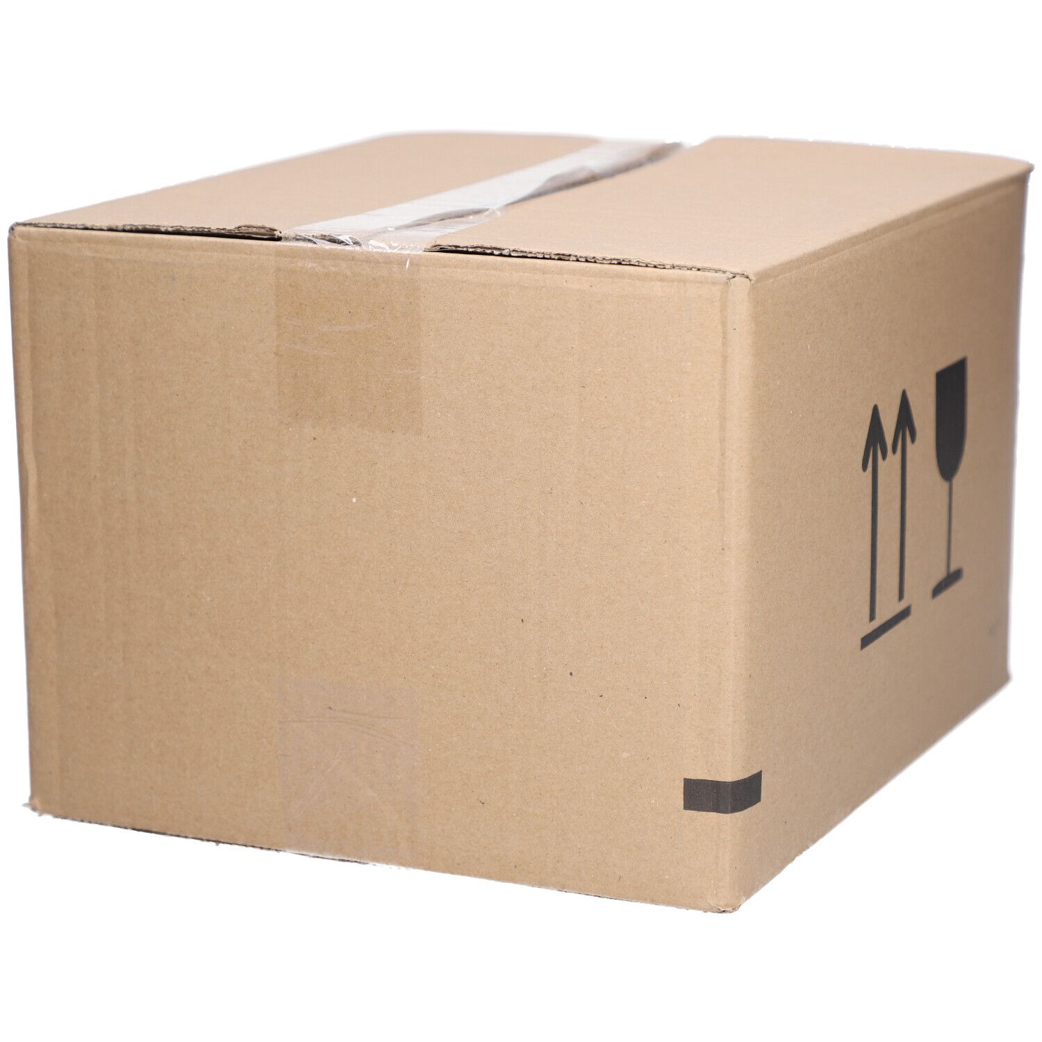 Karton mit Pfeil- und Glas-Symbolen. Karton mit Klebeband verschlossen.