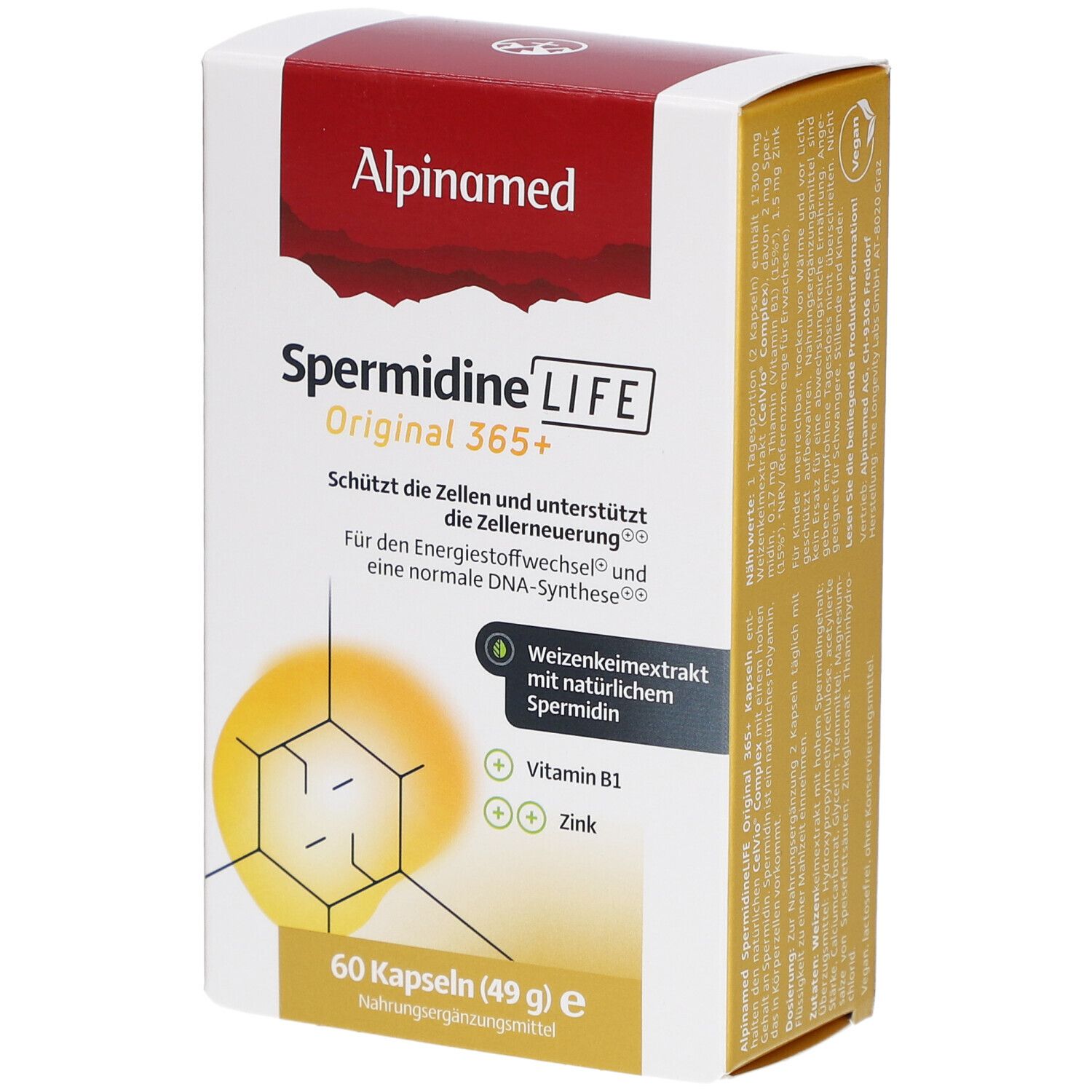 Weiß-rote Schachtel mit Alpinamed SpermidineLIFE Original 365+. Enthält 60 Kapseln. Vegan-Siegel.