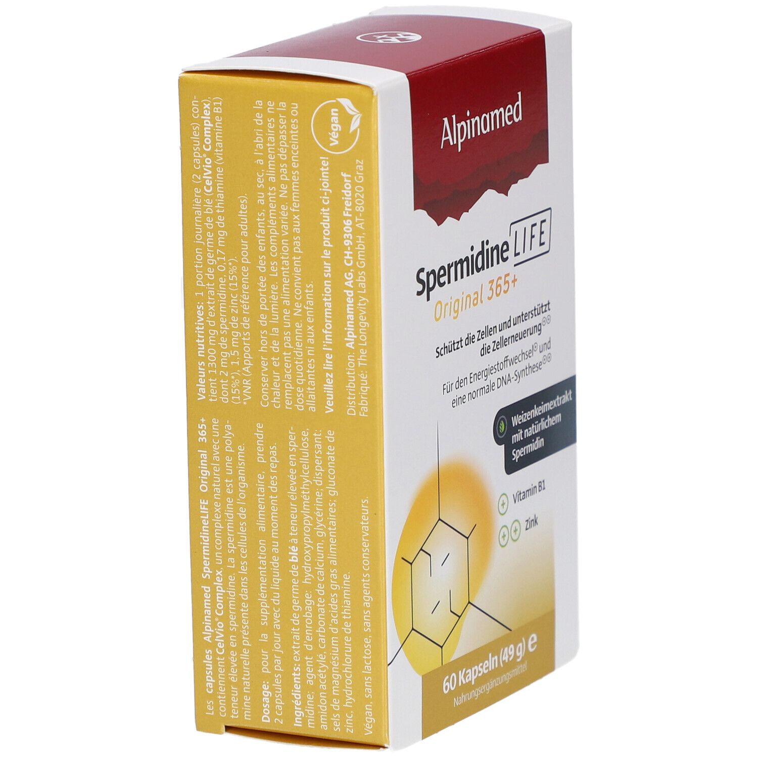 Schachtel Alpinamed SpermidineLIFE Original 365+ von der Seite. Enthält 60 Kapseln. Vegan-Siegel.
