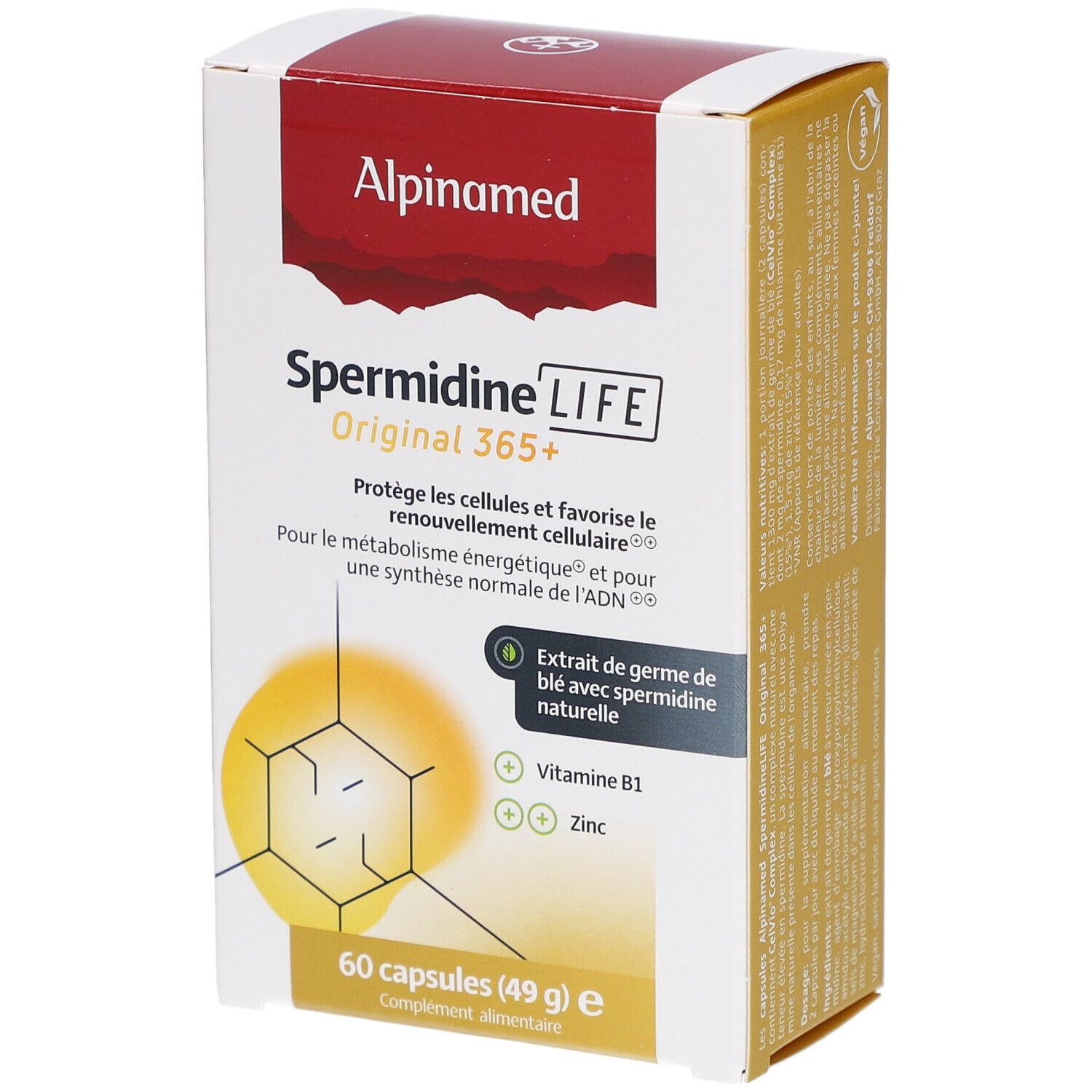 Schachtel Alpinamed SpermidineLIFE Original 365+ mit französischer Beschriftung. Enthält 60 Kapseln. Vegan-Siegel.