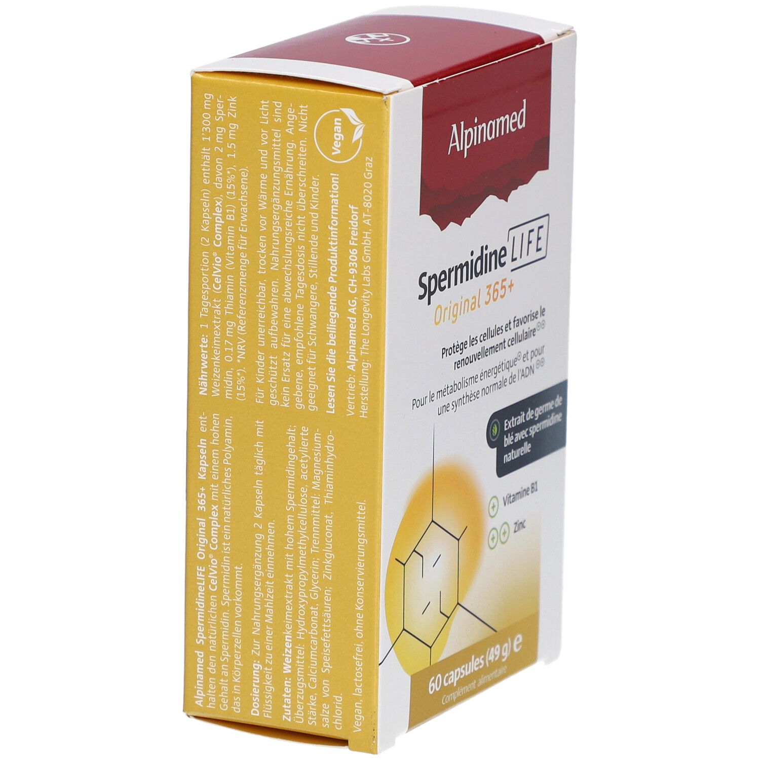 Schachtel Alpinamed SpermidineLIFE Original 365+ von der Seite. Enthält 60 Kapseln. Vegan-Siegel.