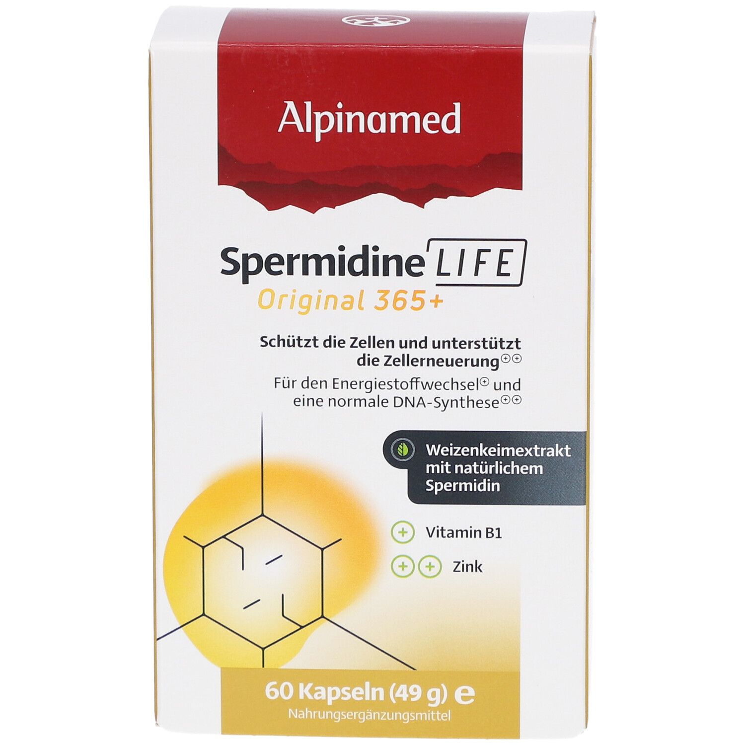 Weiß-rote Schachtel mit Alpinamed SpermidineLIFE Original 365+. Enthält 60 Kapseln. Vegan-Siegel.