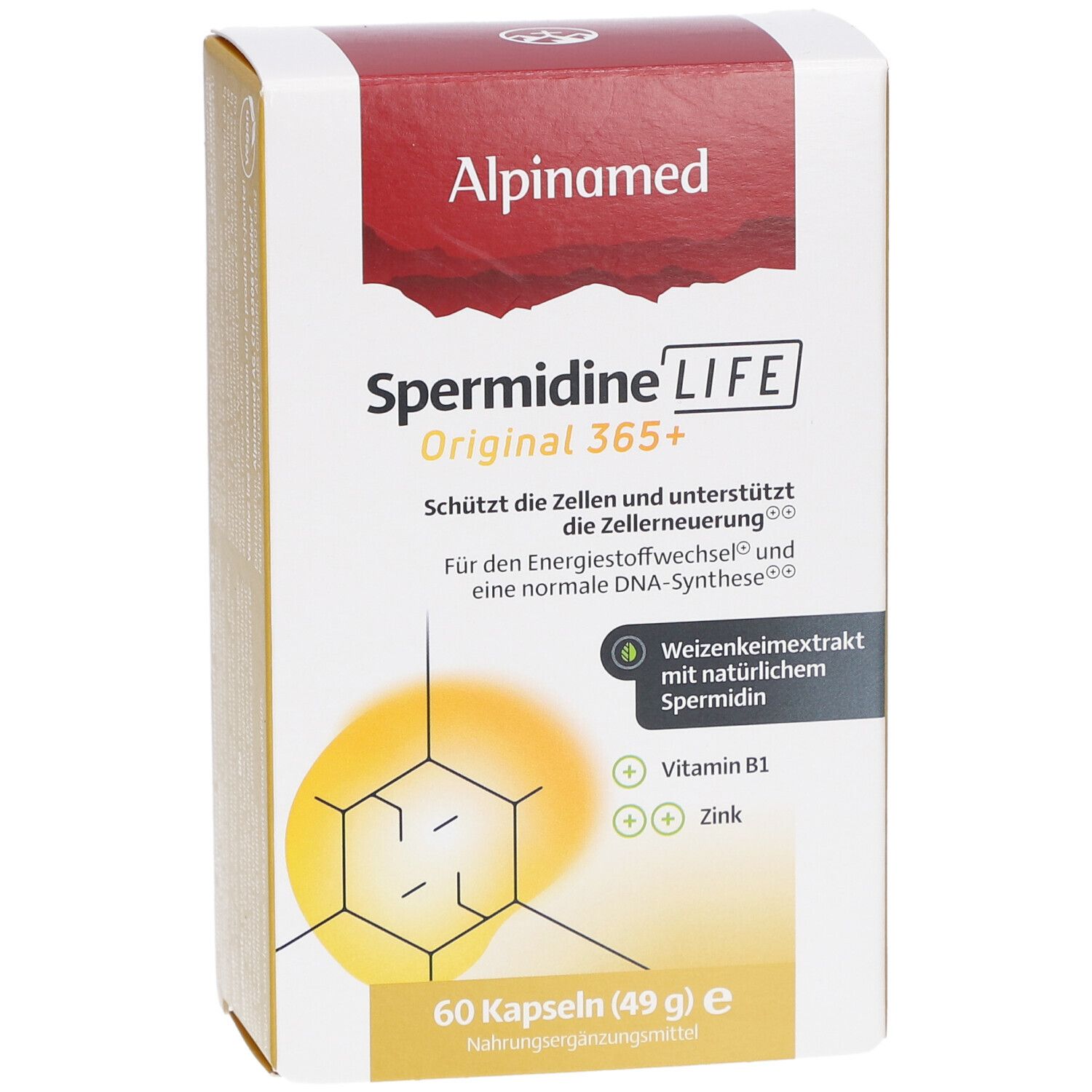 Weiß-rote Schachtel mit Alpinamed SpermidineLIFE Original 365+. Enthält 60 Kapseln. Vegan-Siegel.