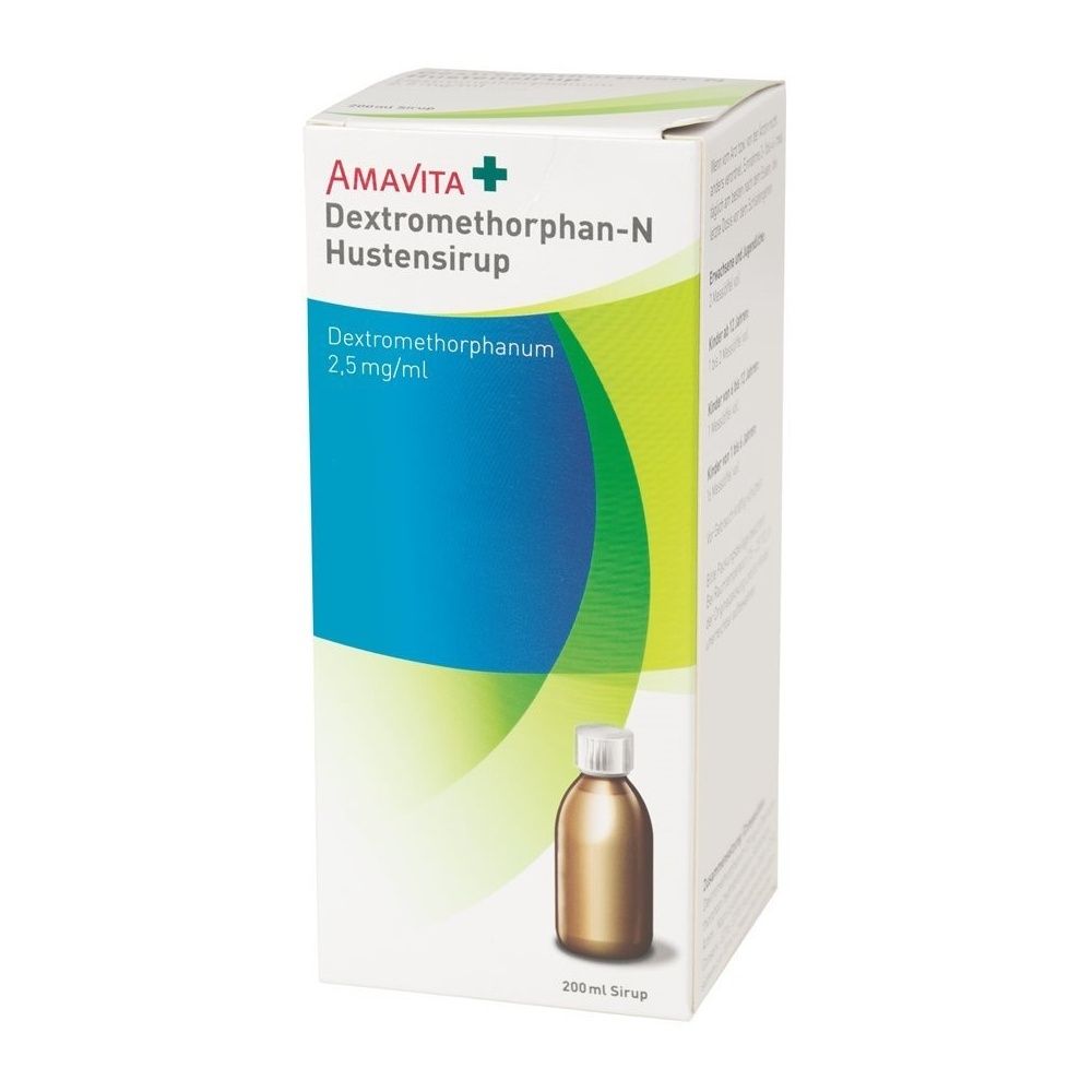 Verpackung mit Hustensirup. Aufschrift: AMAVITA, Dextromethorphan-N Hustensirup. Flasche und Box. Grüne und blaue Akzente.