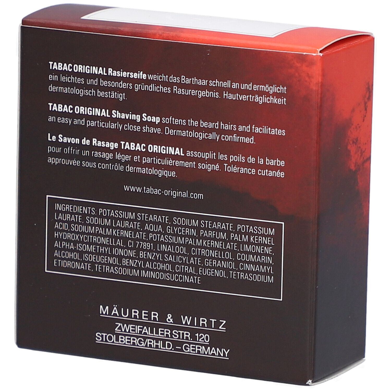 Dos de l'emballage de savon à raser. Texte en allemand, anglais et français. Ingrédients. Adresse du fabricant.