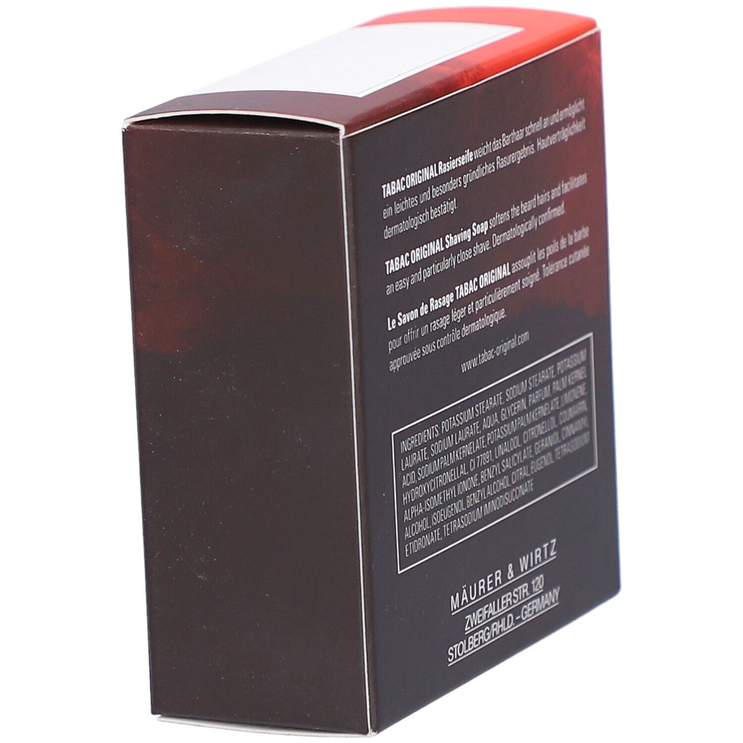 Côté de l'emballage de savon à raser. Texte en allemand, anglais et français. Adresse du fabricant.