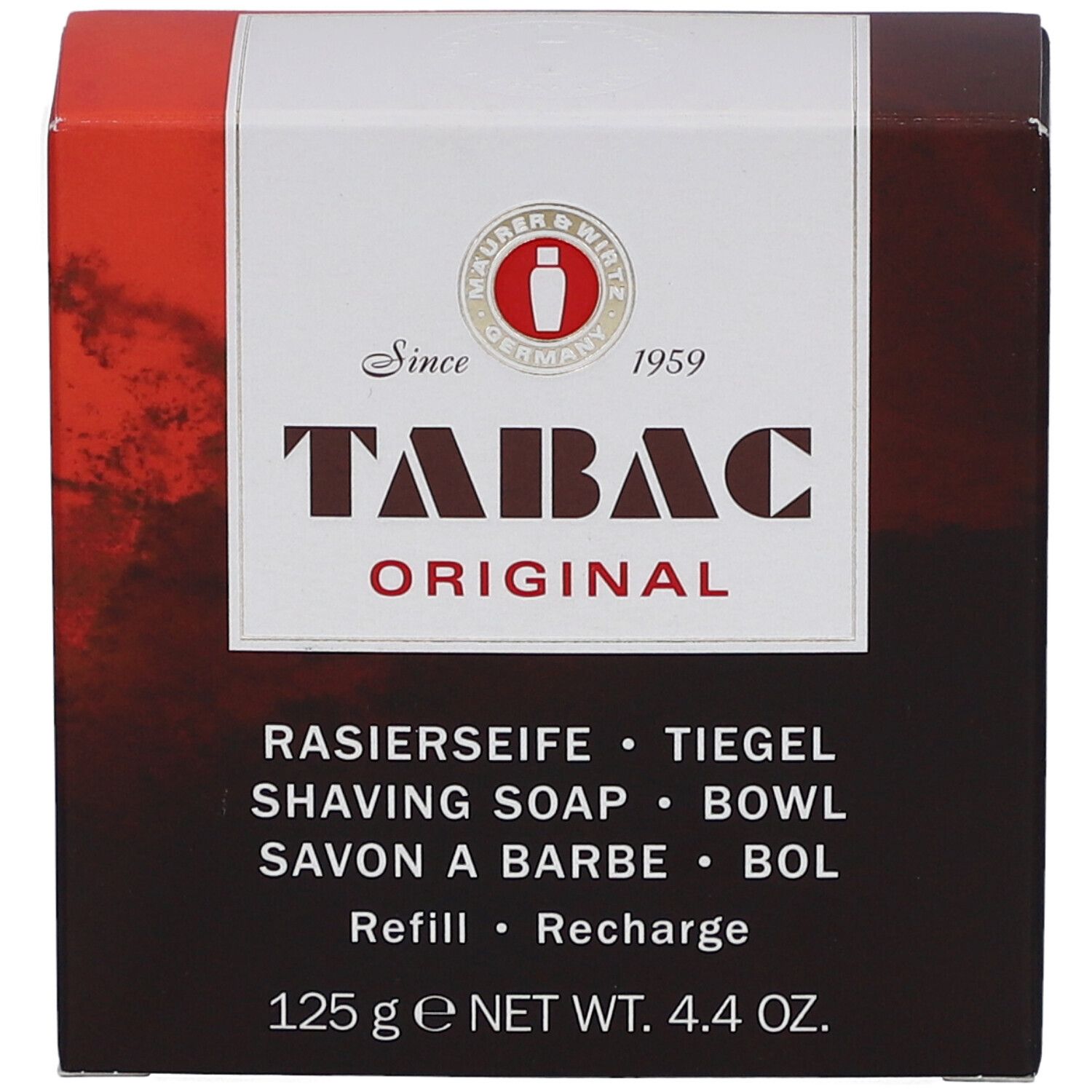 Emballage de savon à raser TABAC Original. Inscription: Rasierseife, 125 g. Couleurs: marron, blanc et rouge.