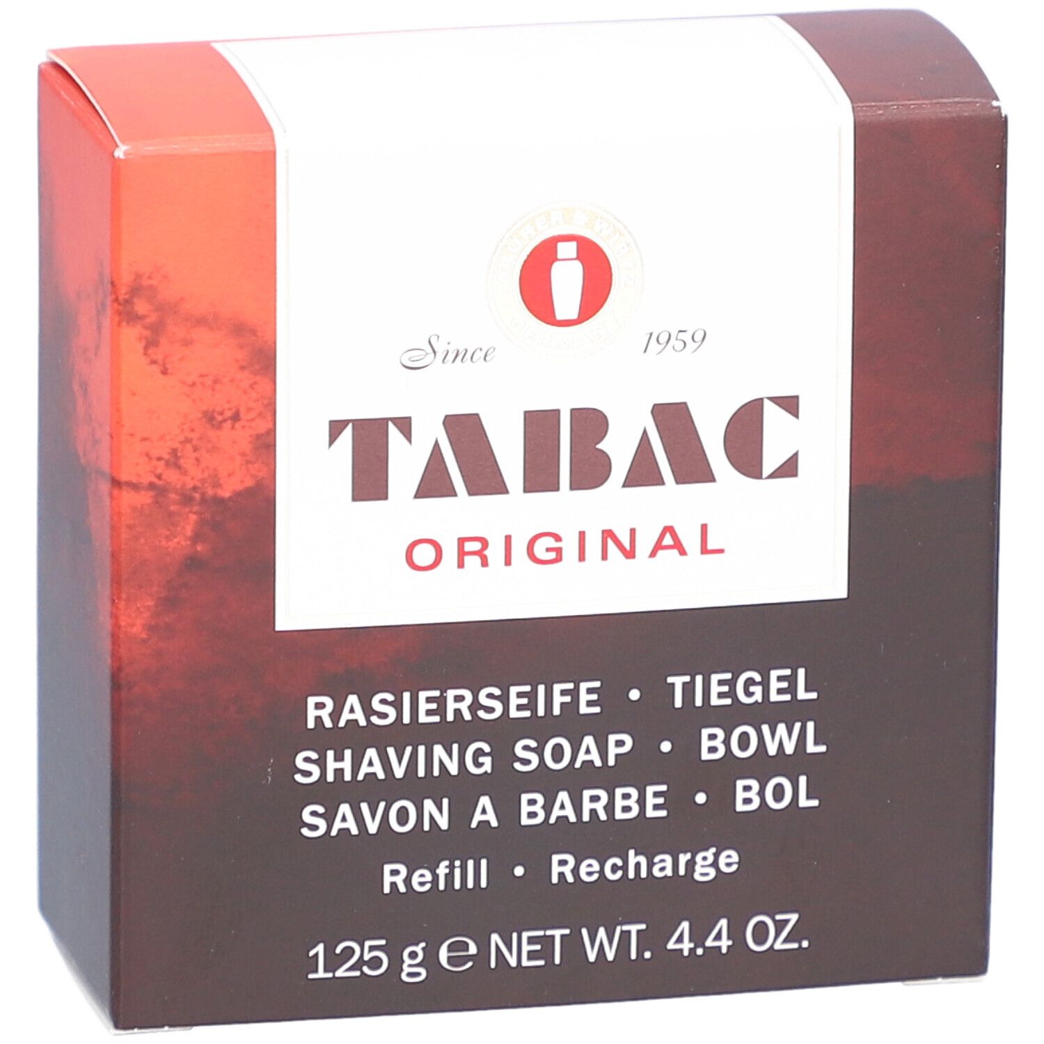 Emballage de savon à raser TABAC Original. Inscription: Rasierseife, 125 g. Couleurs: marron, blanc et rouge.