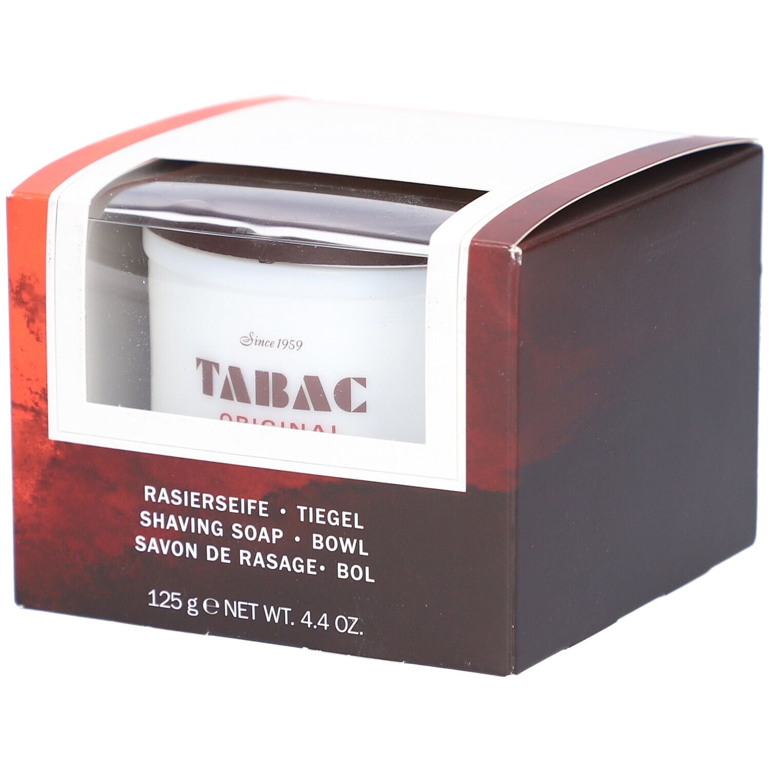 Verpackung mit Rasierseife. Sichtbar: Tiegel mit "TABAC ORIGINAL"-Logo. Text: "RASIERSEIFE", "SHAVING SOAP", "125 g".