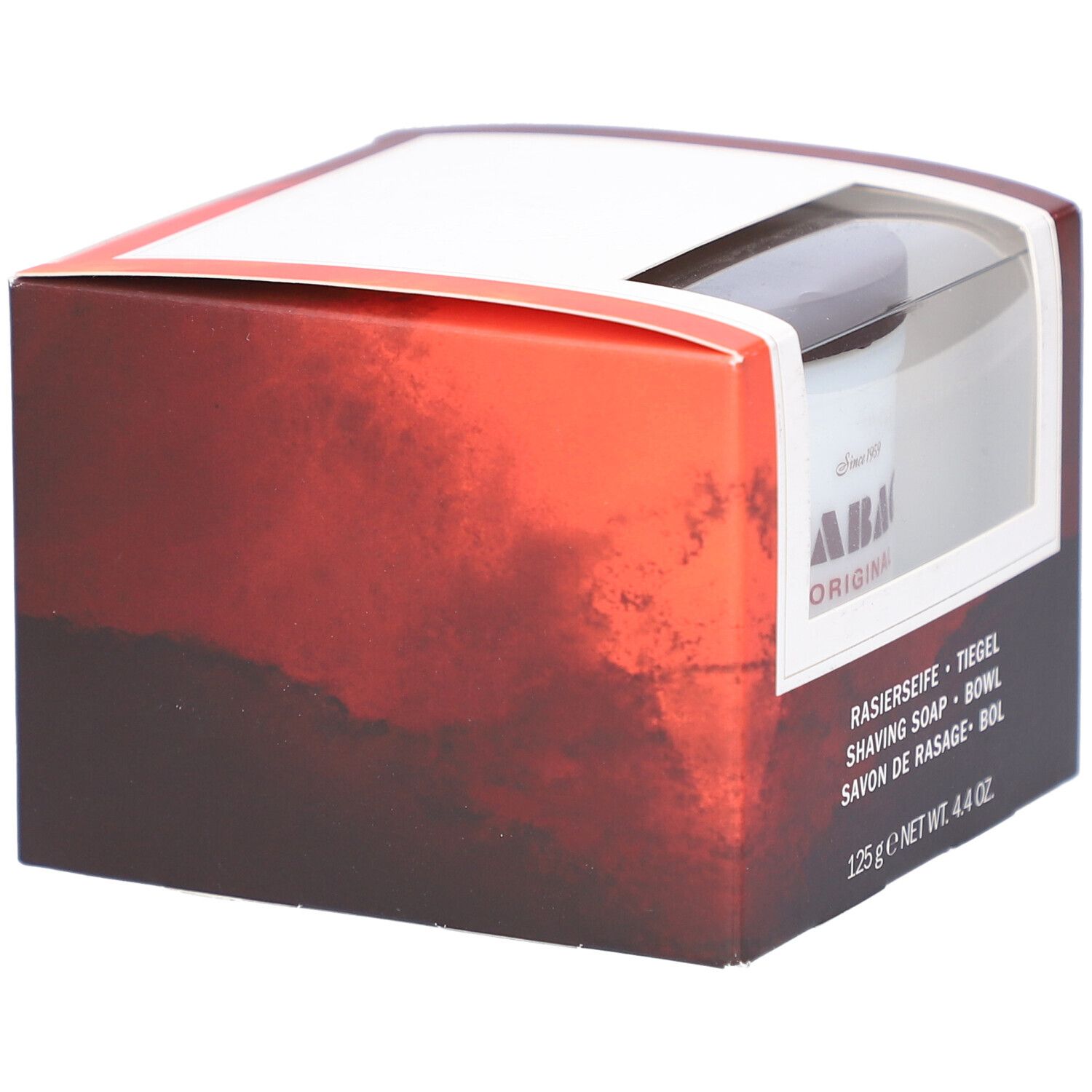 Verpackung, seitliche Ansicht. Sichtbar: "TABAC ORIGINAL"-Logo, Text: "RASIERSEIFE", "SHAVING SOAP", "125 g".