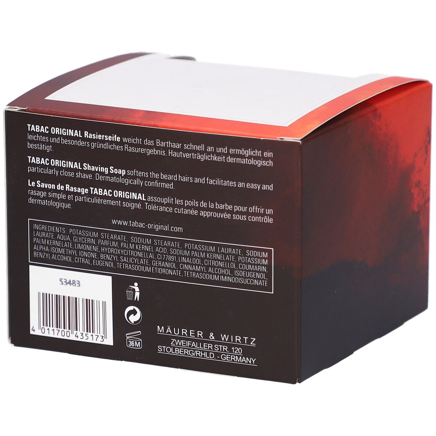 Rückseite der Verpackung. Text: Inhaltsstoffe, "TABAC ORIGINAL Shaving Soap", Herstelleradresse, Barcode.