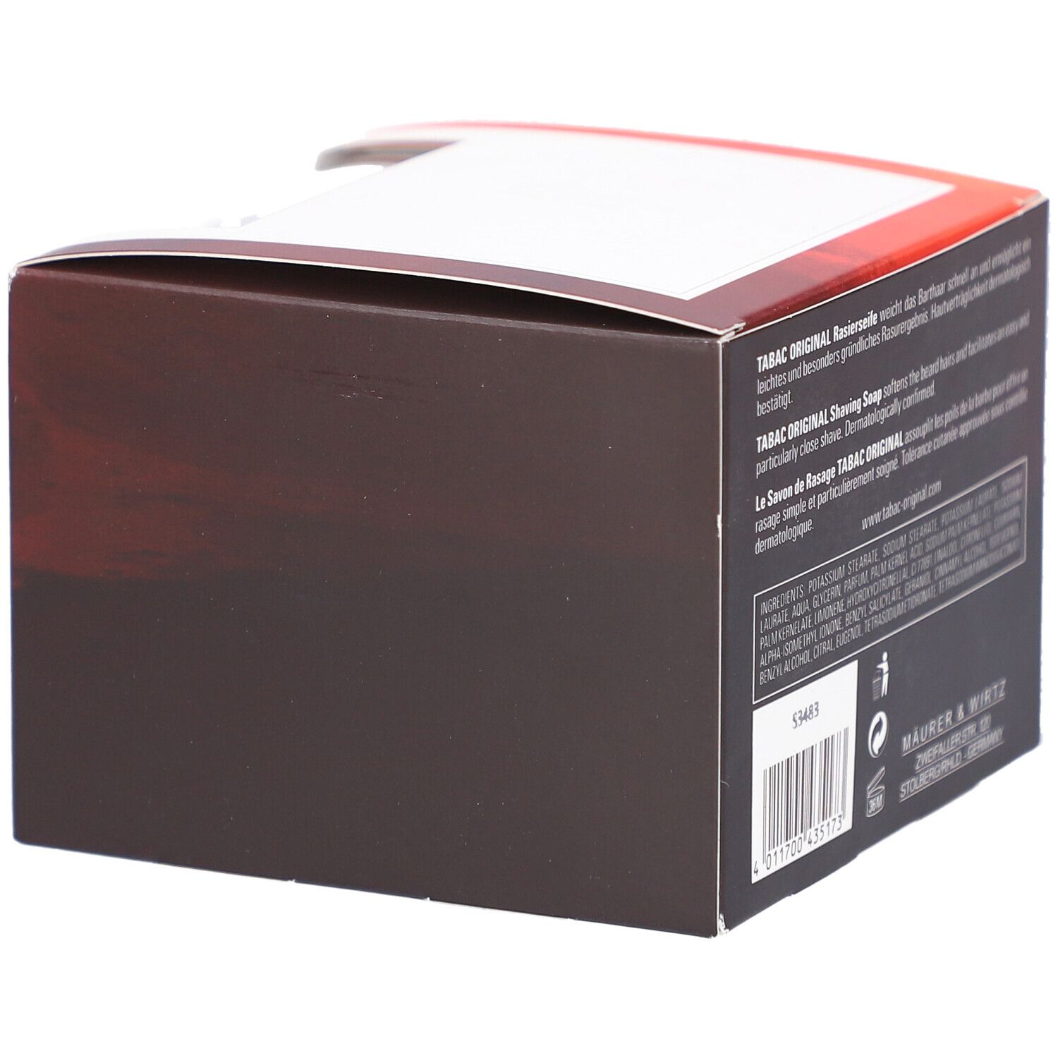 Verpackung, seitliche Ansicht. Text: "TABAC ORIGINAL Shaving Soap", Inhaltsstoffe, Herstelleradresse, Barcode.