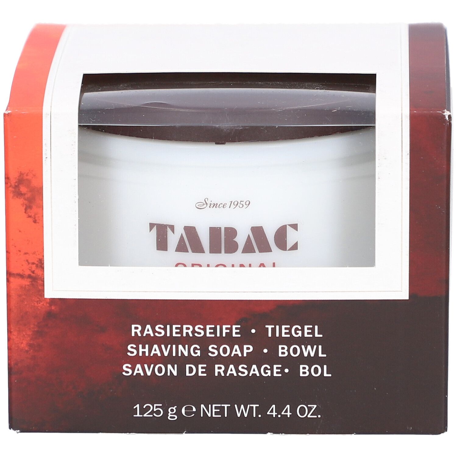 Verpackung mit Rasierseife. Sichtbar: Tiegel mit "TABAC ORIGINAL"-Logo. Text: "RASIERSEIFE", "SHAVING SOAP", "125 g".