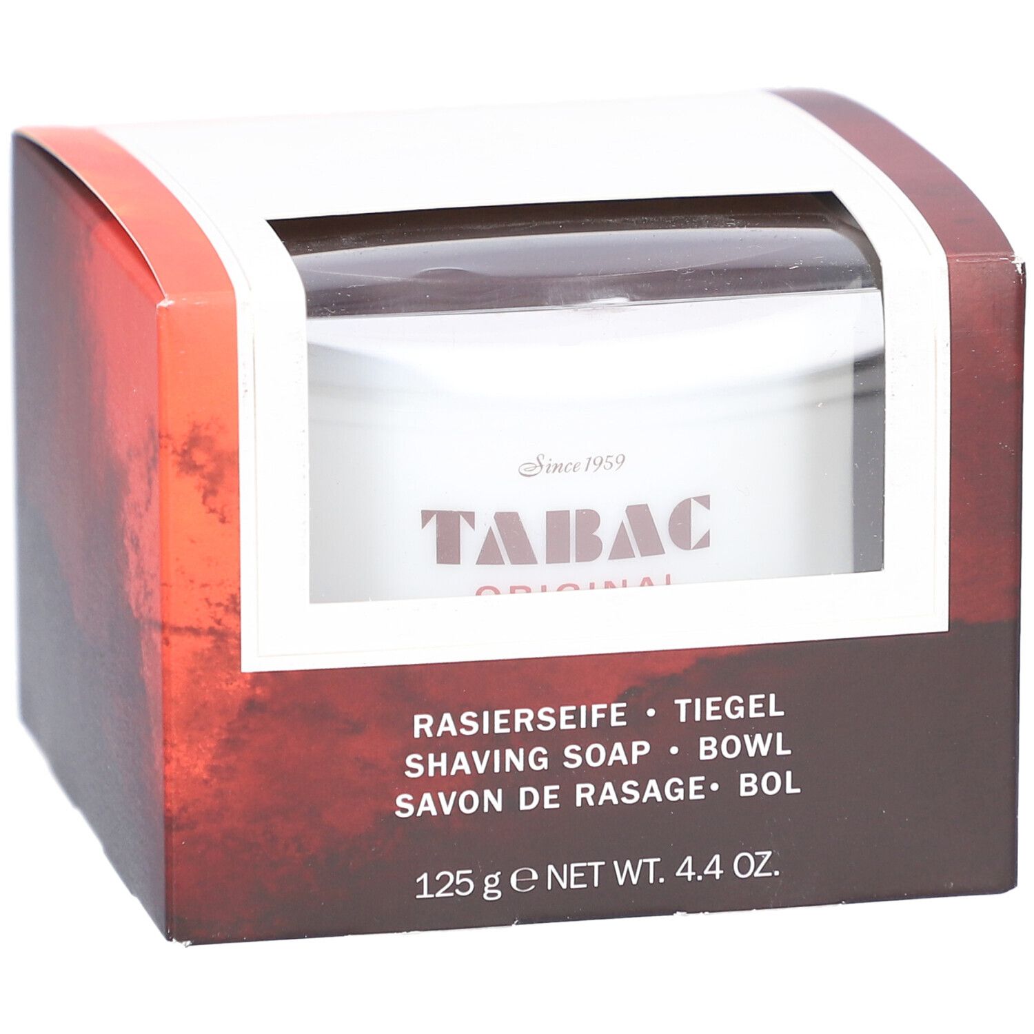 Verpackung mit Rasierseife. Sichtbar: Tiegel mit "TABAC ORIGINAL"-Logo. Text: "RASIERSEIFE", "SHAVING SOAP", "125 g".