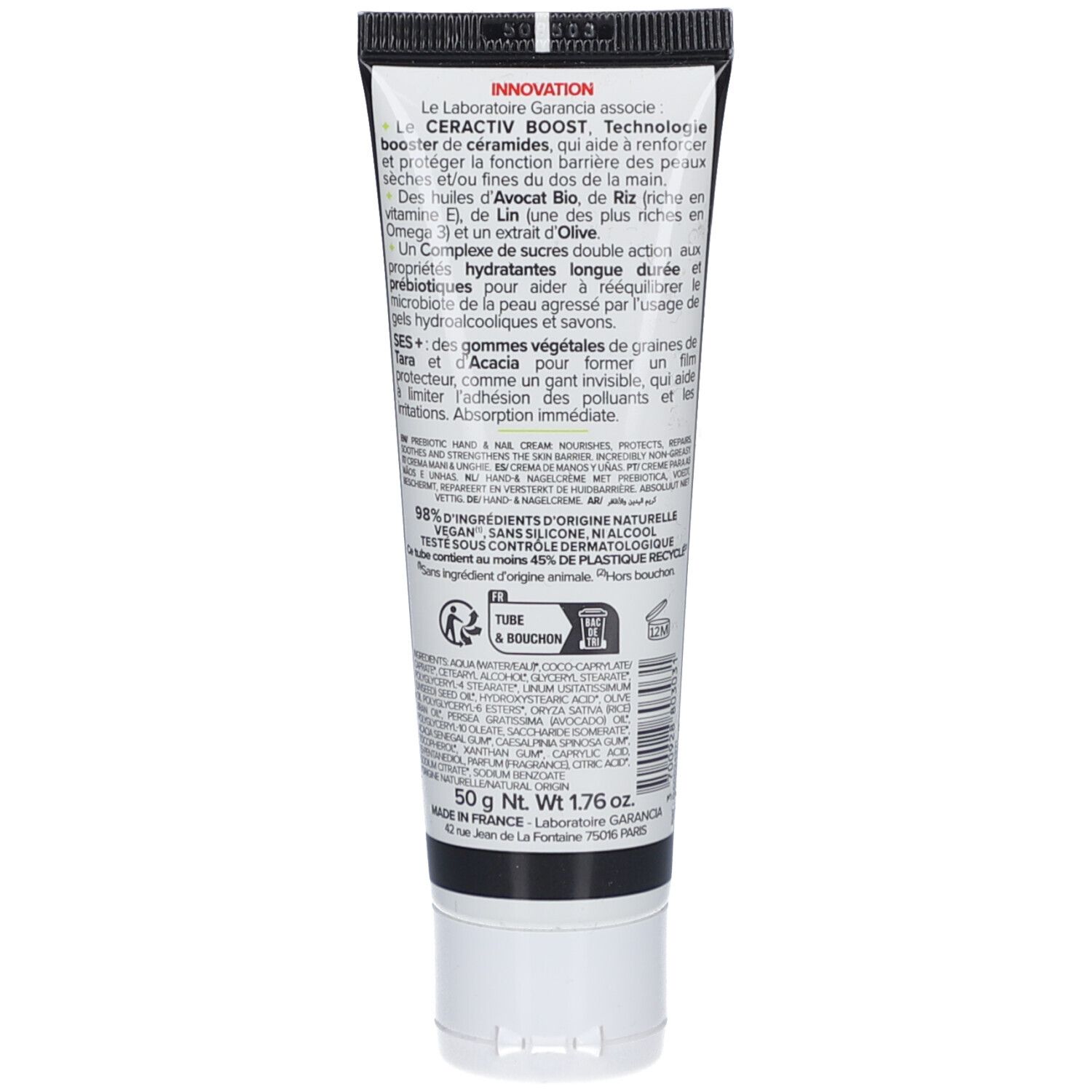 Dos du tube. Texte: GARANCIA, Ceractiv Boost. Ingrédients, 50 g Net. Fabriqué en France. Logo de recyclage.
