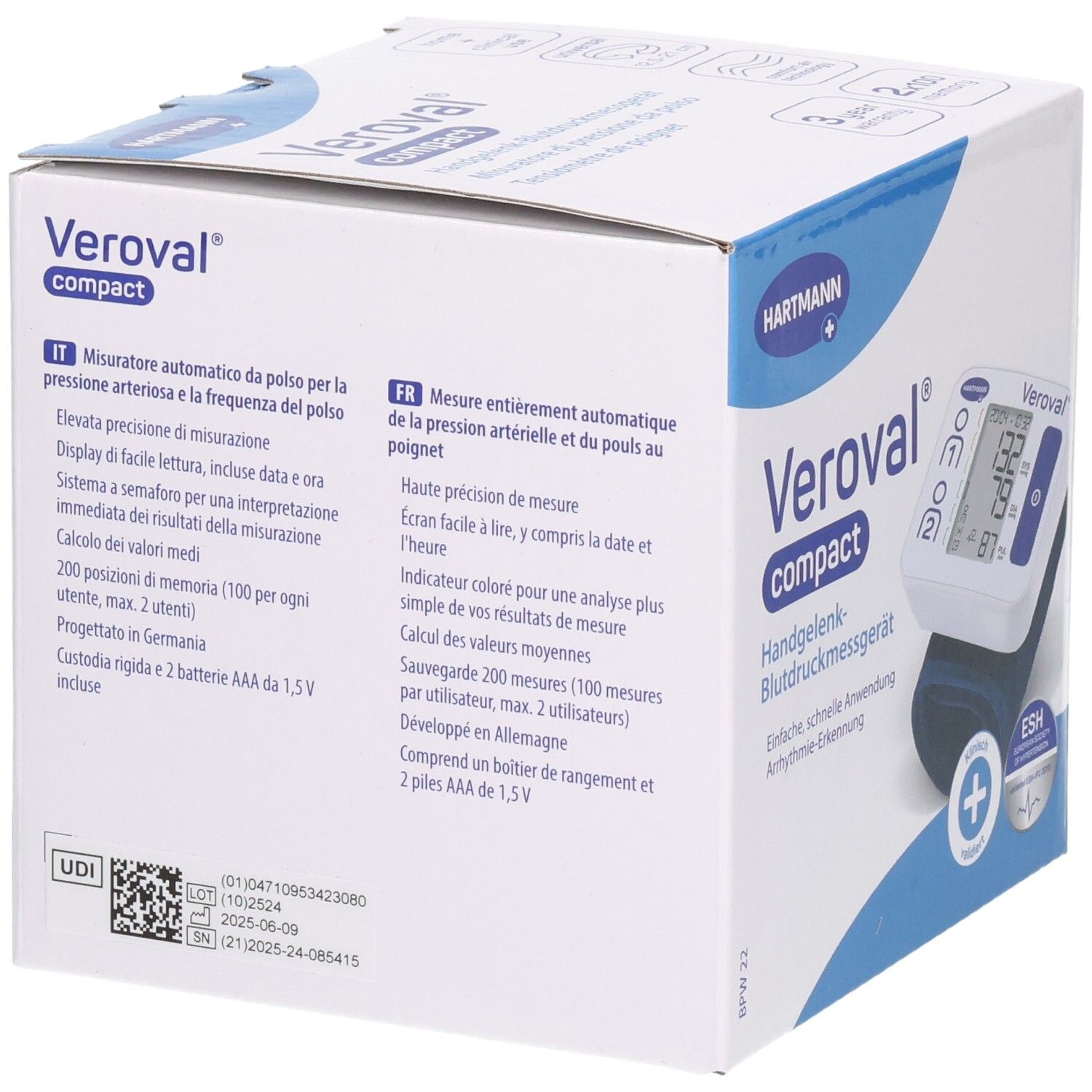 Verpackung von Veroval compact. Text in Deutsch, Italienisch, Französisch. Enthält Informationen zum Produkt und Zertifizierungen.