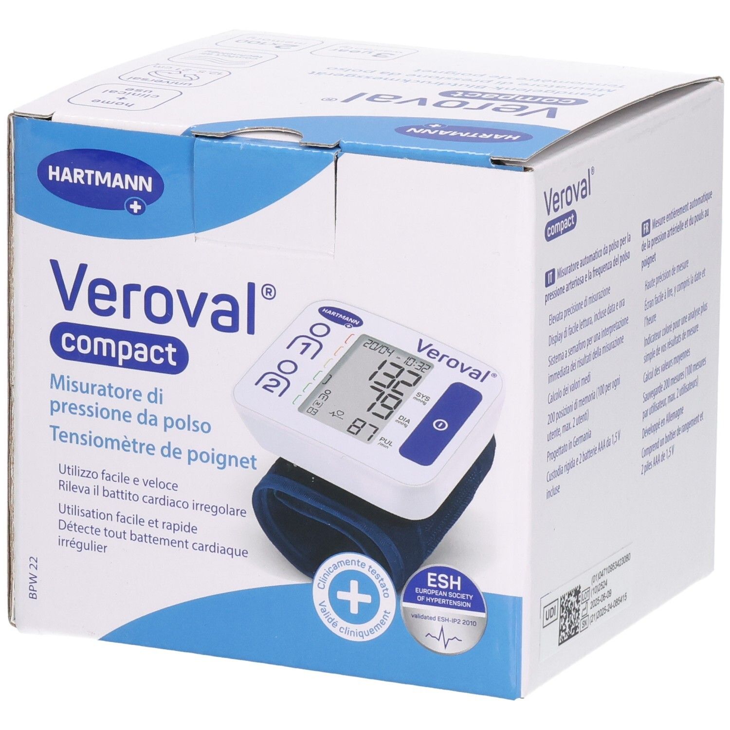 Veroval compact Blutdruckmessgerät in Verpackung. Gerät mit Display und blauem Armband. Hartmann Logo und ESH-Zertifizierung.