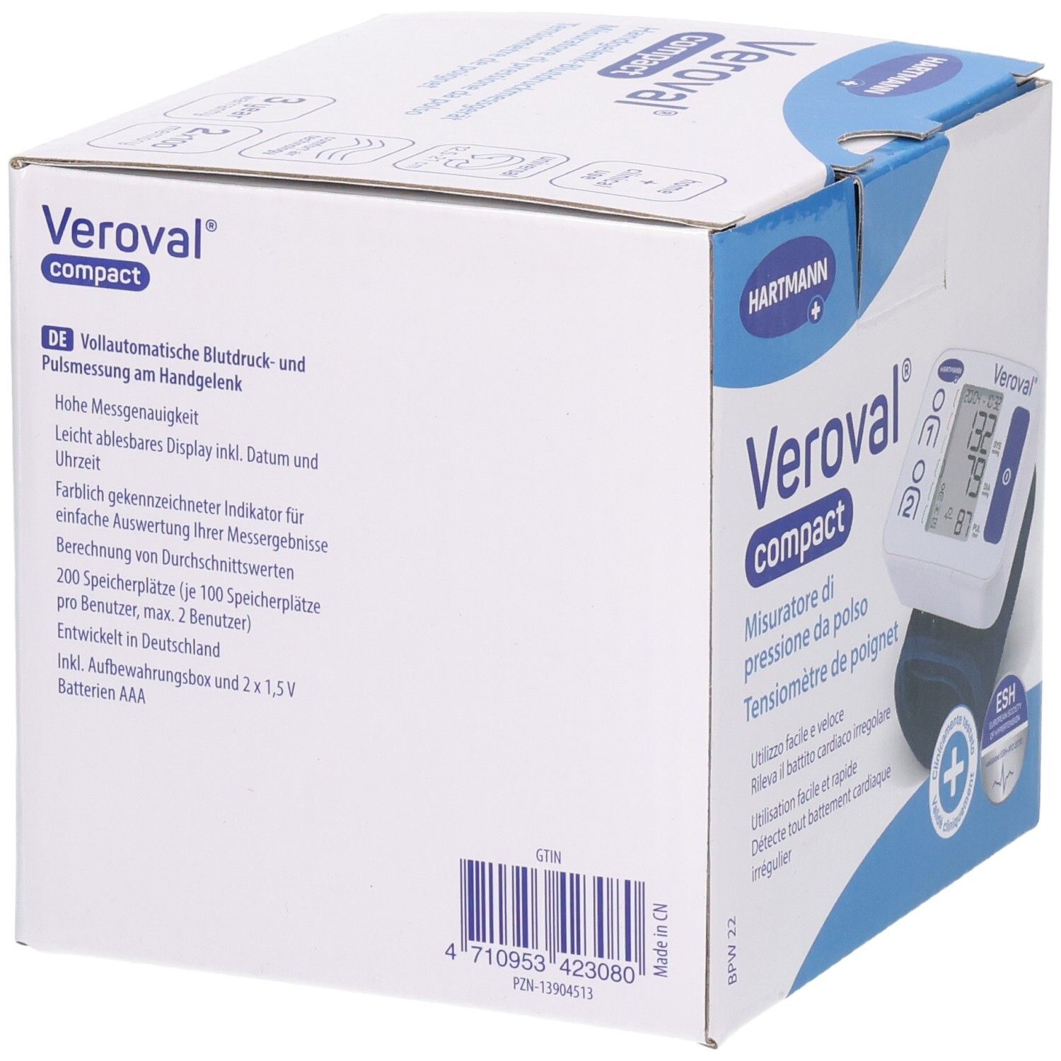 Verpackung von Veroval compact. Text in Deutsch und Italienisch. Enthält Informationen zum Produkt und Barcode.
