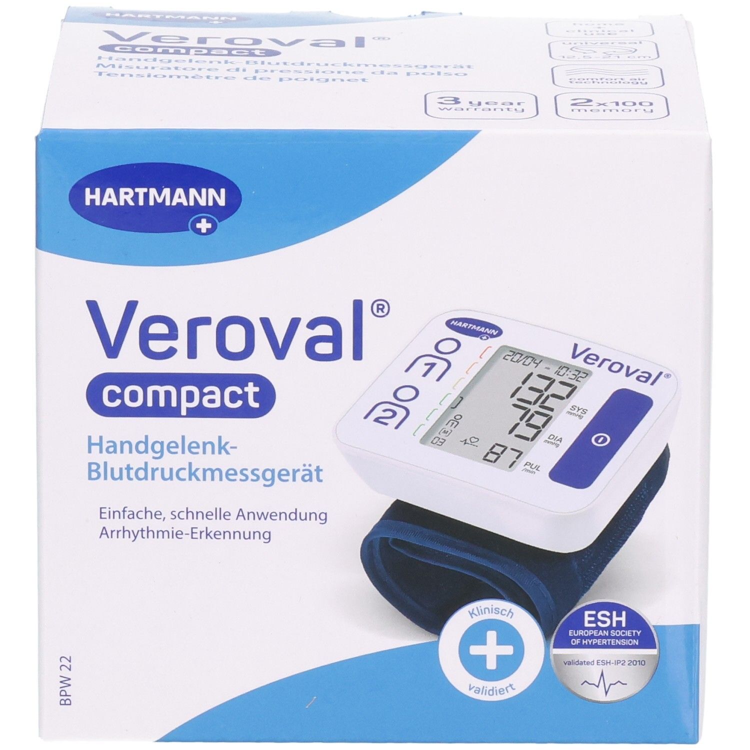 Veroval compact Handgelenk-Blutdruckmessgerät in Verpackung. Gerät mit Display und blauem Armband. Hartmann Logo und ESH-Zertifizierung.