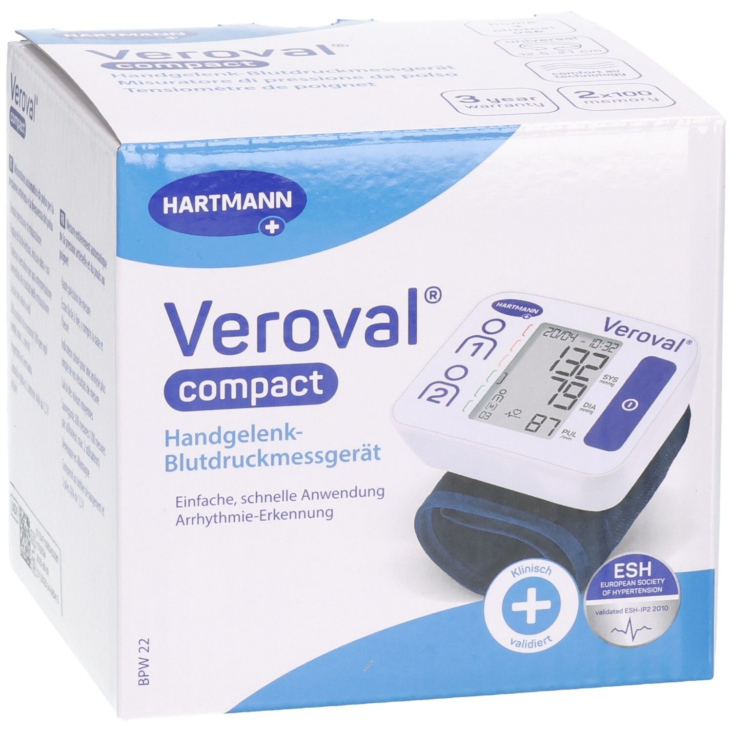 Veroval compact Handgelenk-Blutdruckmessgerät in Verpackung. Gerät mit Display und blauem Armband. Hartmann Logo und ESH-Zertifizierung.