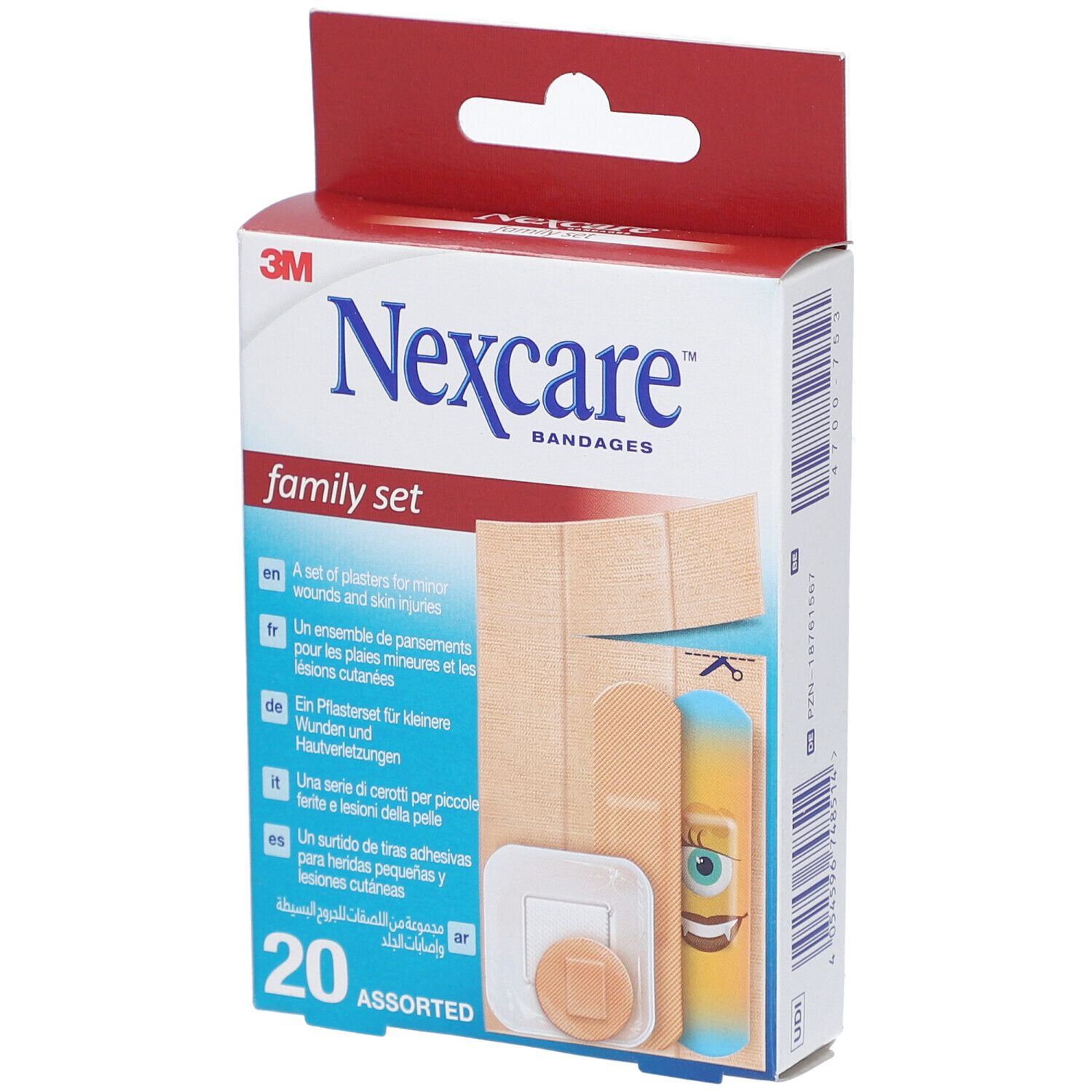 Verpackung mit Nexcare Family Set Pflastern. Enthält 20 assortierte Pflaster. Aufschrift: 3M, Nexcare, family set.