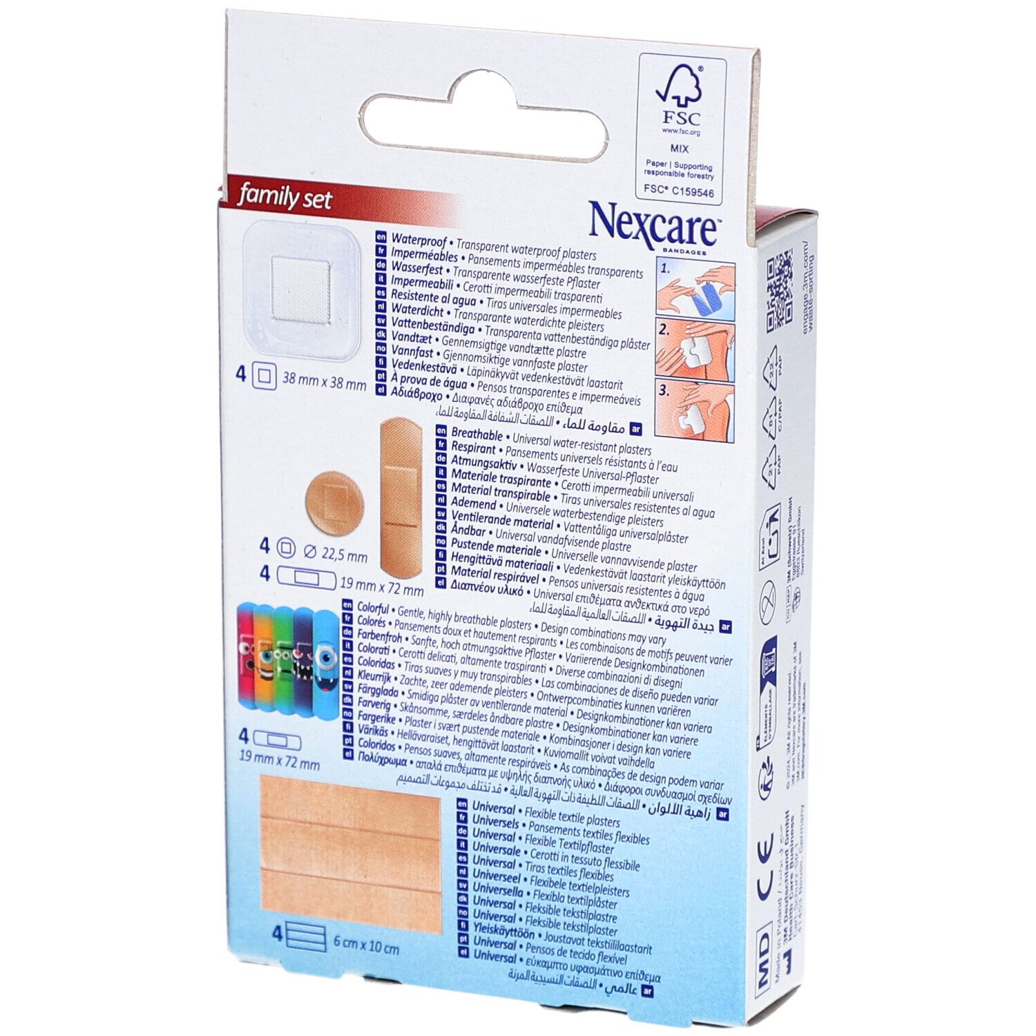 Rückseite der Nexcare Family Set Pflasterverpackung. Zeigt verschiedene Pflastergrößen und -typen. FSC-Logo.