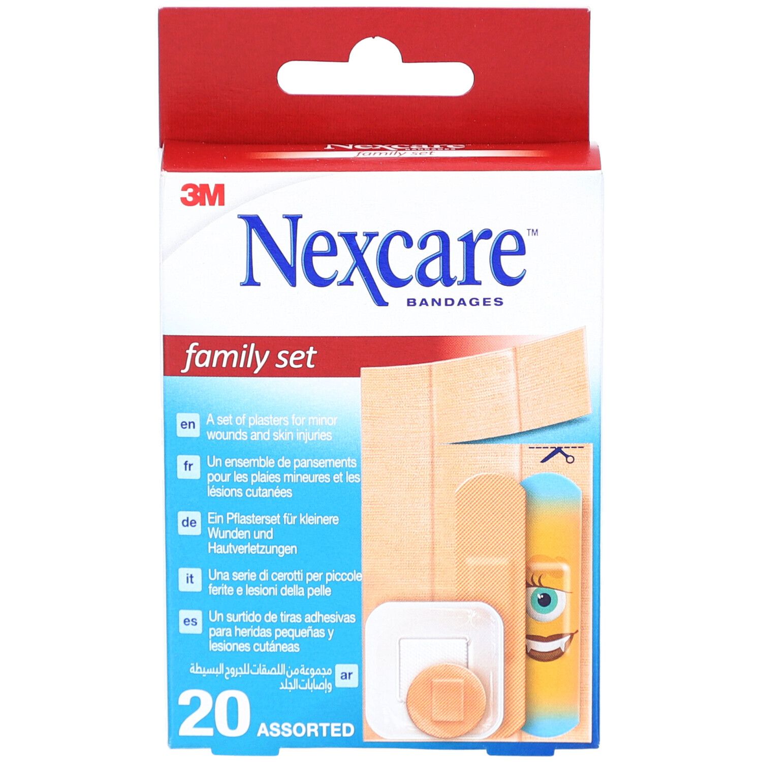 Vorderansicht der Nexcare Family Set Pflasterverpackung. Enthält 20 assortierte Pflaster. Aufschrift: 3M, Nexcare, family set.