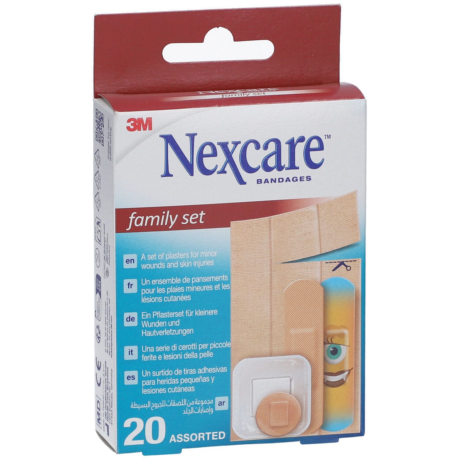 Vorderansicht der Nexcare Family Set Pflasterverpackung. Enthält 20 assortierte Pflaster. Aufschrift: 3M, Nexcare, family set.