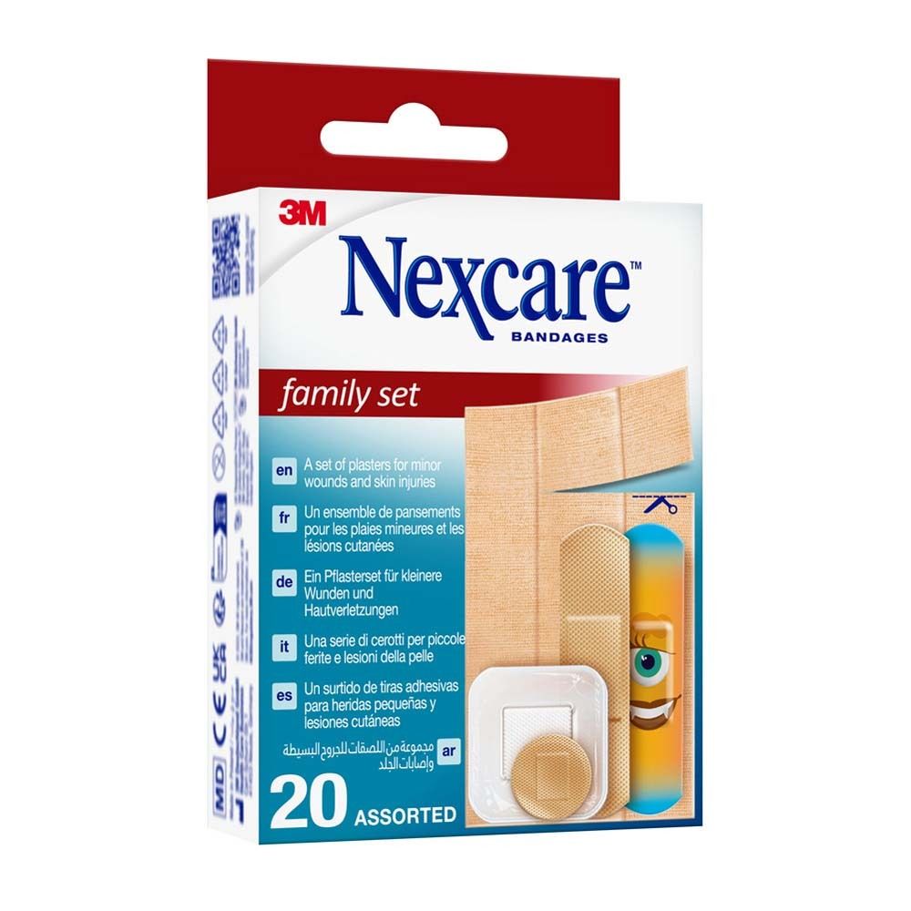 Nexcare Family Set Pflasterbox. Enthält verschiedene Pflasterformen. 20 Stück. Verpackung mit 3M Logo.