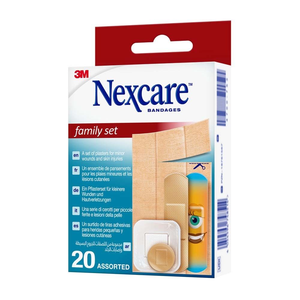Nexcare Family Set Pflasterbox. Enthält verschiedene Pflasterformen. 20 Stück. Verpackung mit 3M Logo.