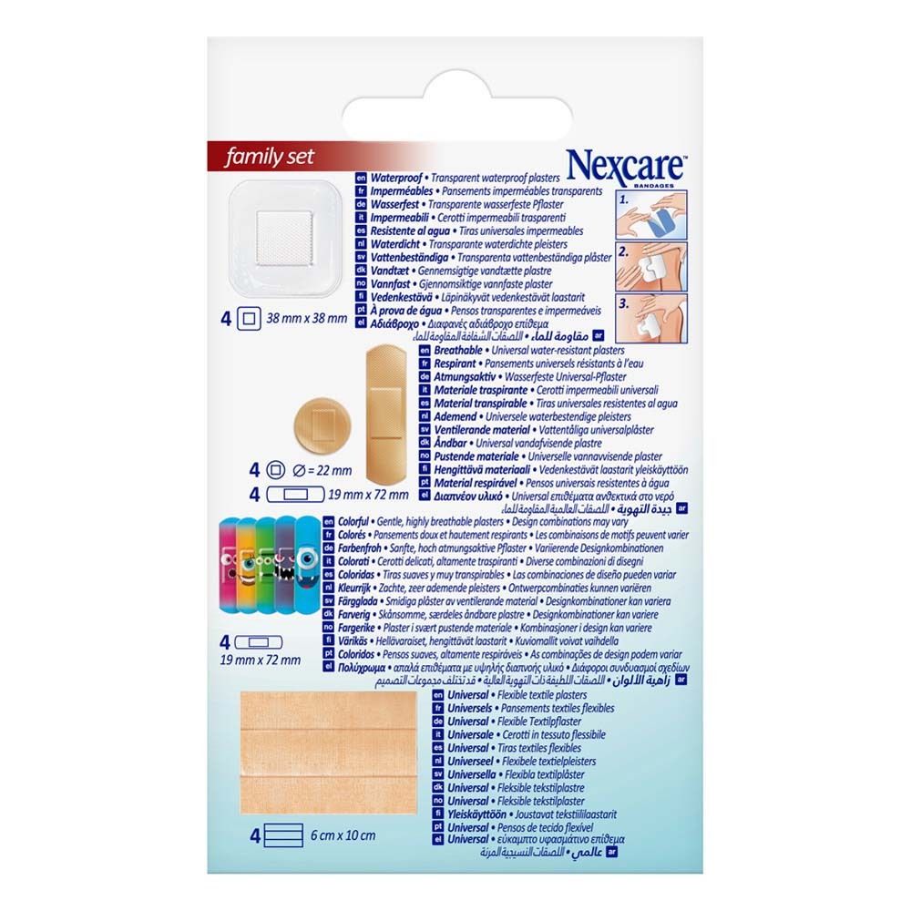 Rückseite der Nexcare Family Set Pflasterbox. Informationen zu Pflastern. FSC-Zertifizierung. MD-Kennzeichnung.