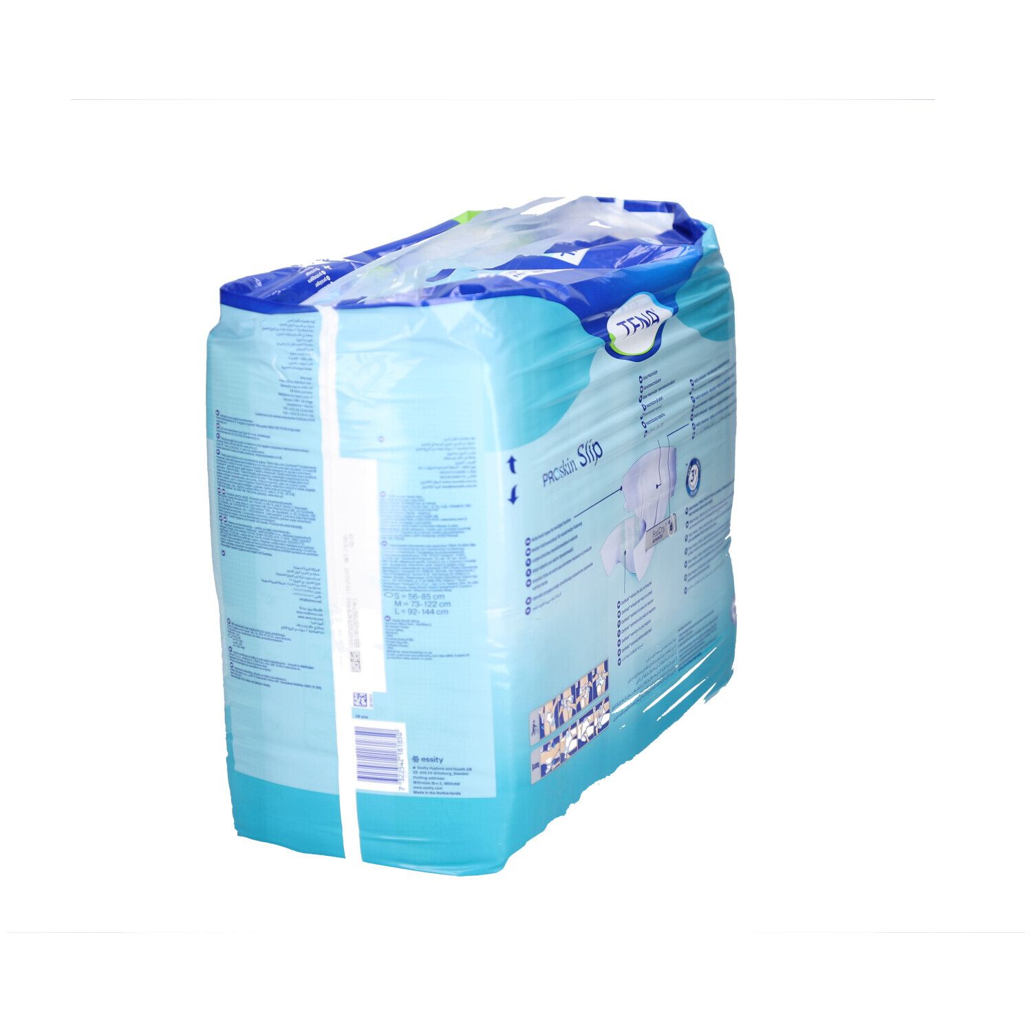 Verpackung TENA ProSkin Slip Super XL. Schrägansicht. Blau-weiß. Produktinformationen auf der Rückseite.