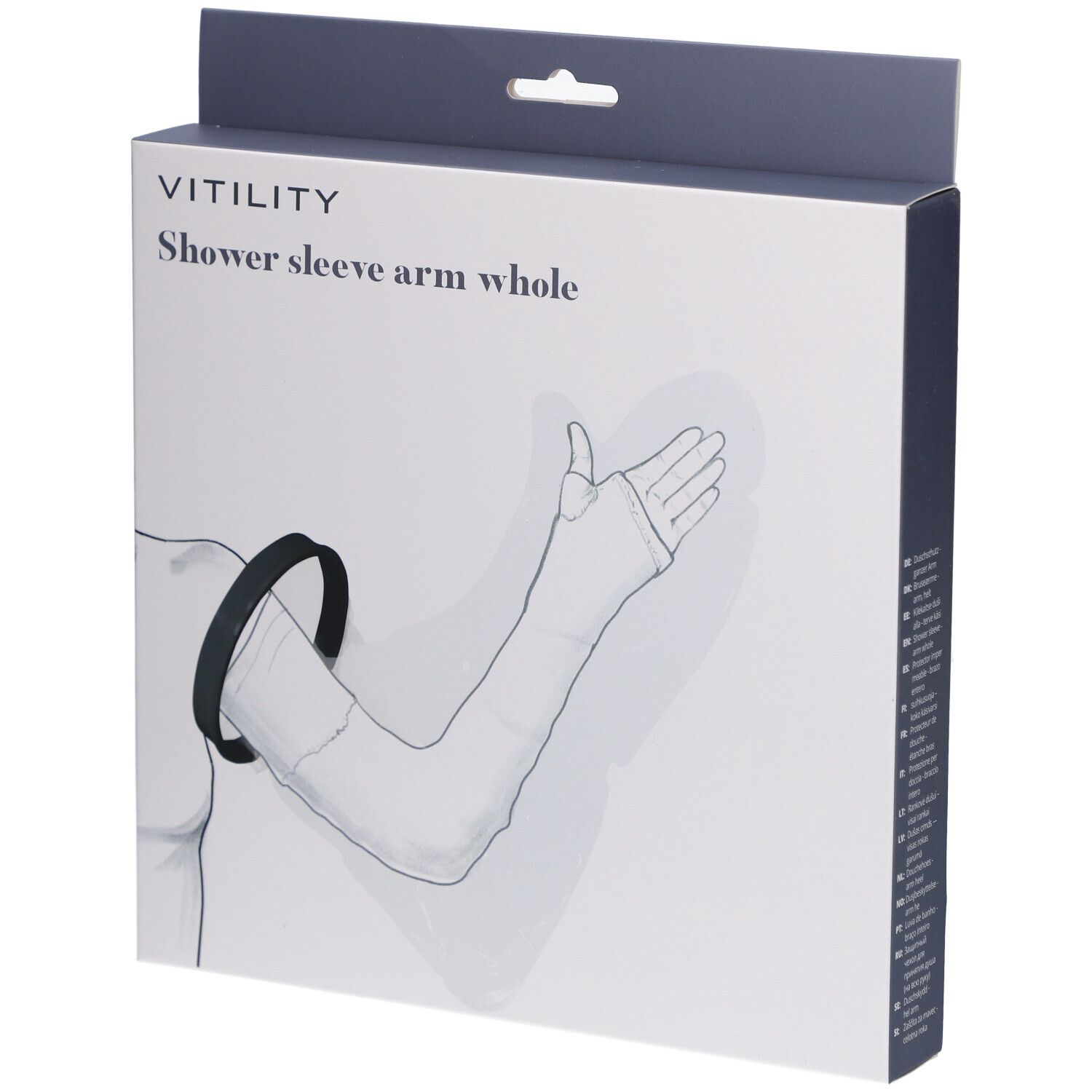 Emballage avec illustration du produit. Inscription : VITILITY, Shower sleeve arm whole. Anneau noir et protection de bras.
