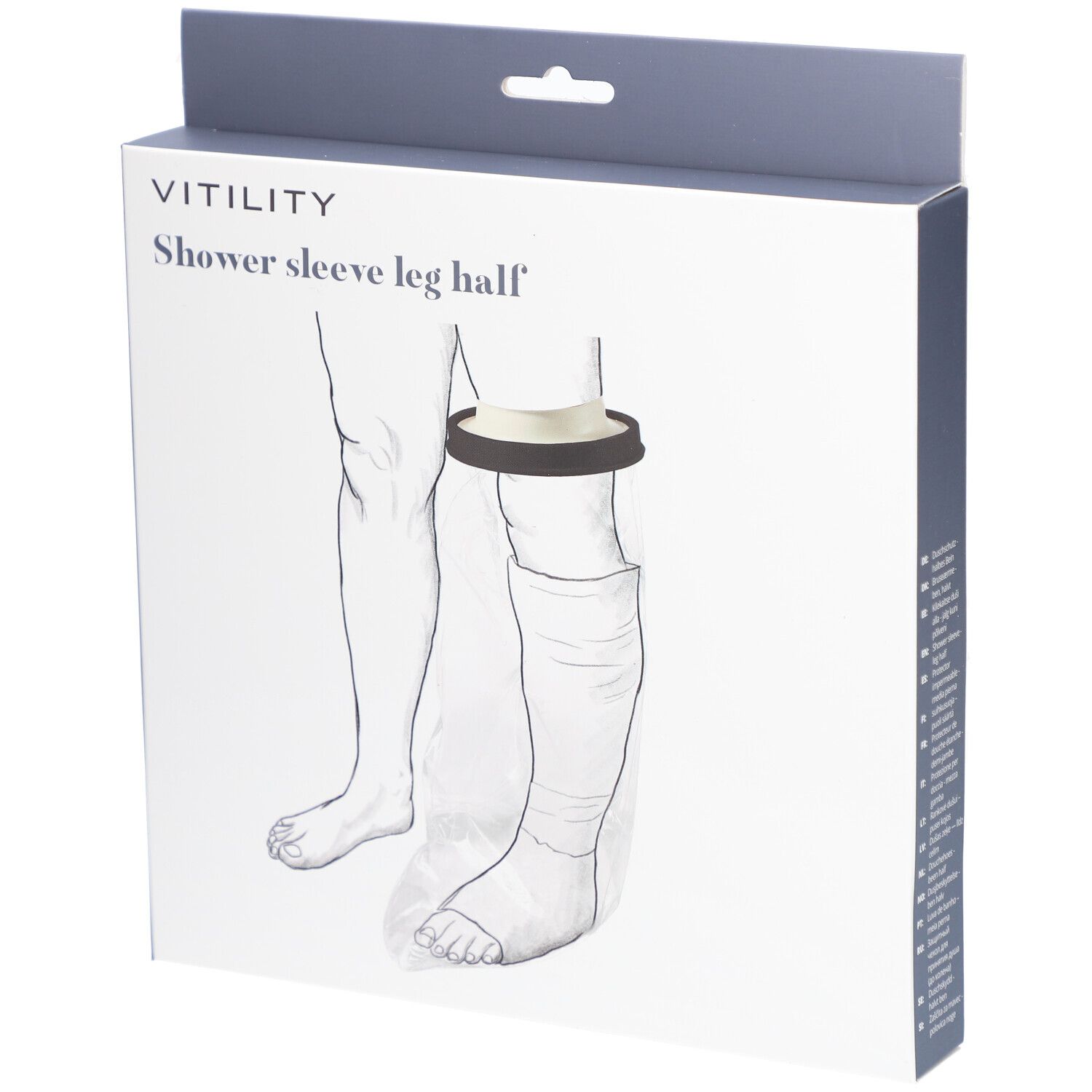 Emballage avec illustration du produit. Inscription : Vitility, Shower sleeve leg half. Montre : jambe avec manchon de douche.