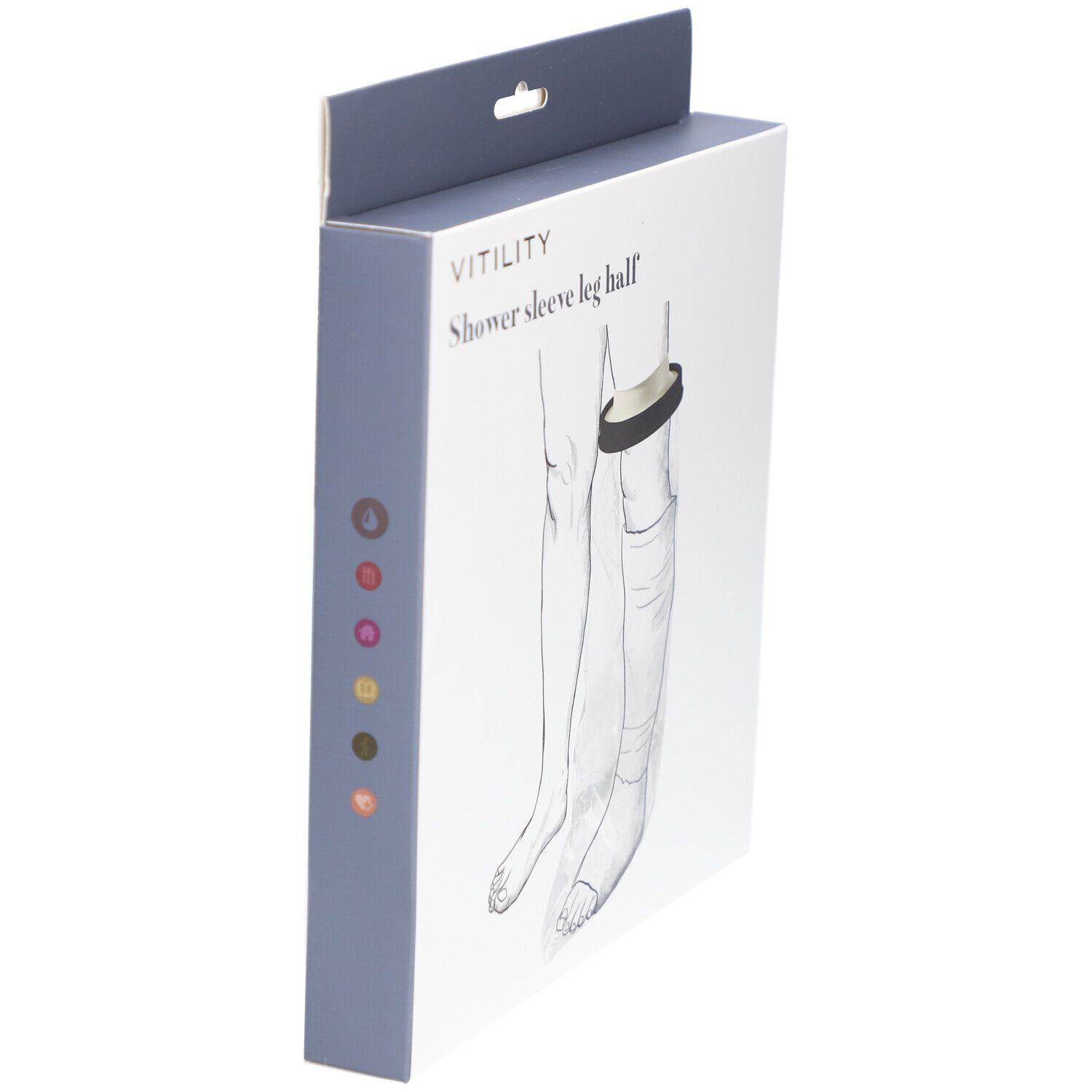 Vue latérale de l'emballage. Inscription : Vitility, Shower sleeve leg half. Points colorés sur le côté.