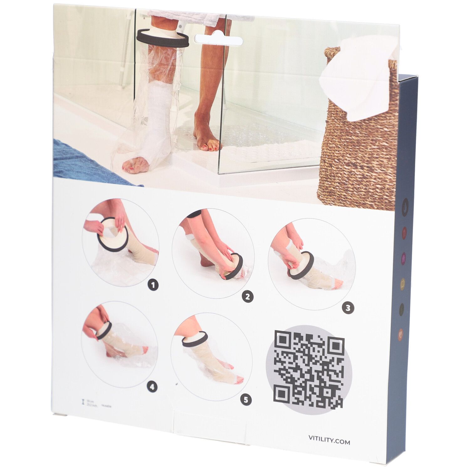 Dos de l'emballage. Illustrations d'utilisation. Code QR et texte : VITILITY.COM. Produit dans la salle de bain.