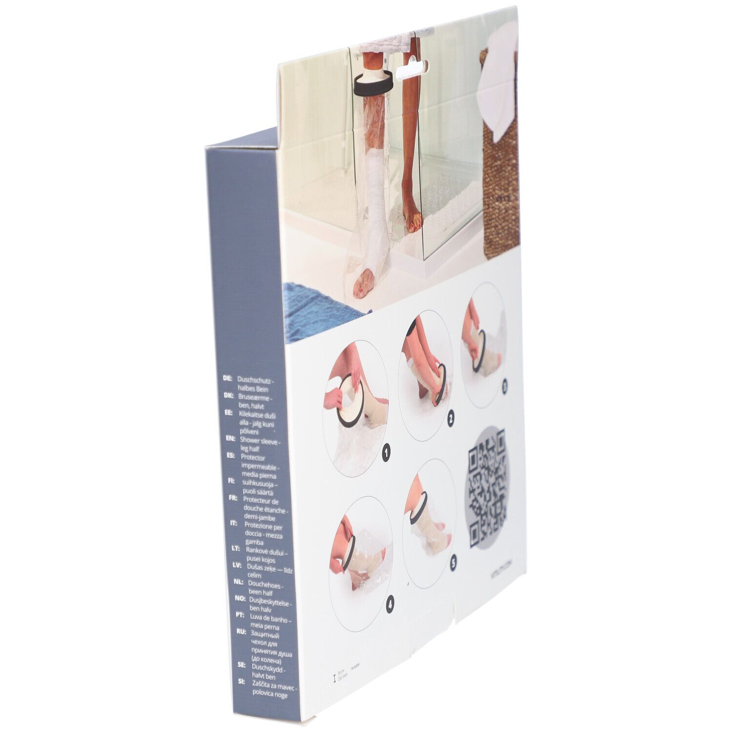 Vue latérale de l'emballage. Illustrations d'utilisation. Texte en plusieurs langues. Produit dans la salle de bain.