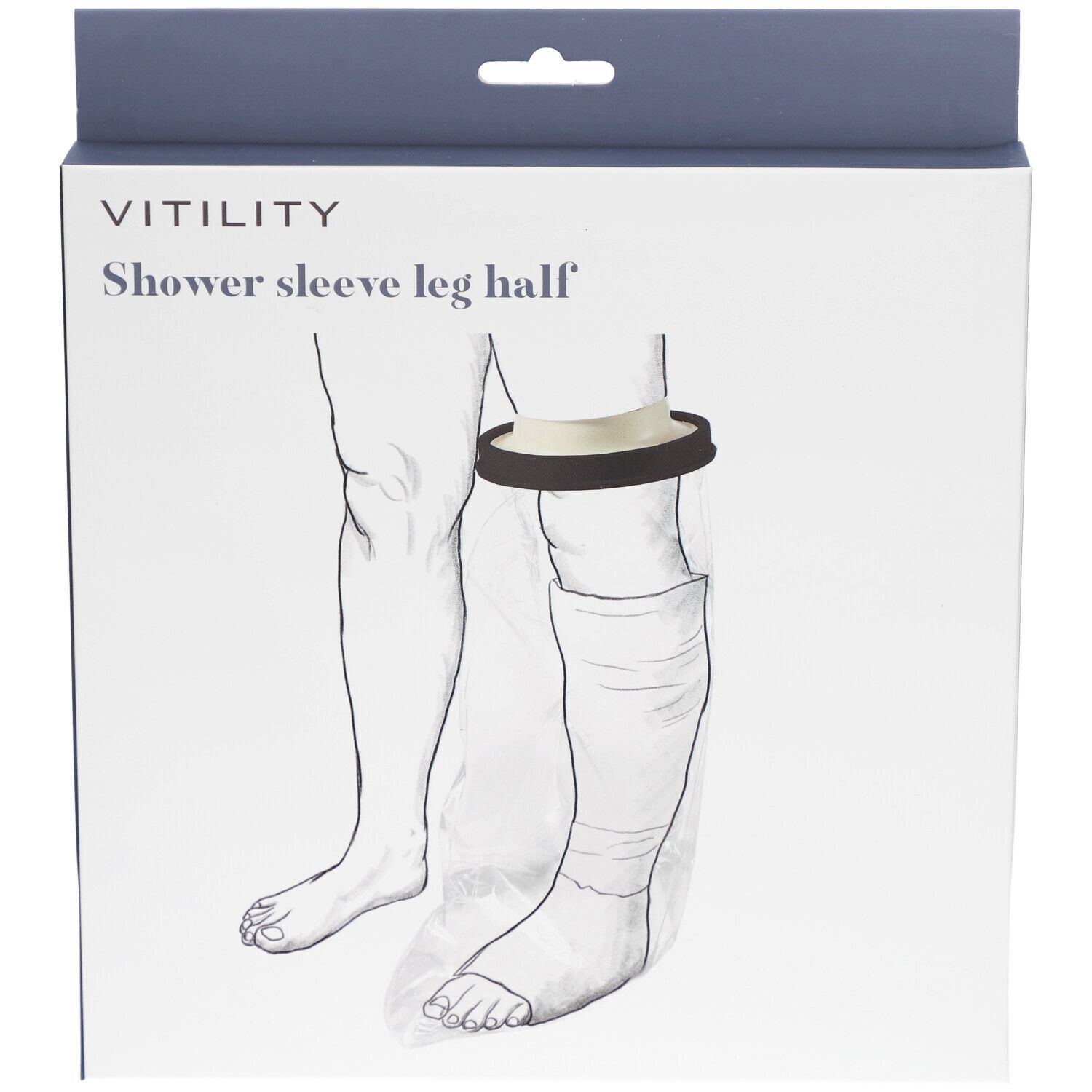 Emballage avec illustration du produit. Inscription : Vitility, Shower sleeve leg half. Montre : jambe avec manchon de douche.