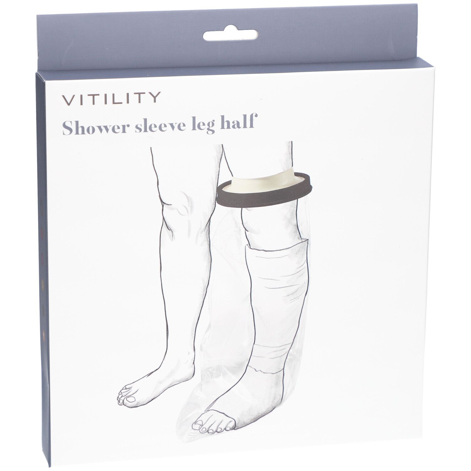 Emballage avec illustration du produit. Inscription : Vitility, Shower sleeve leg half. Montre : jambe avec manchon de douche.