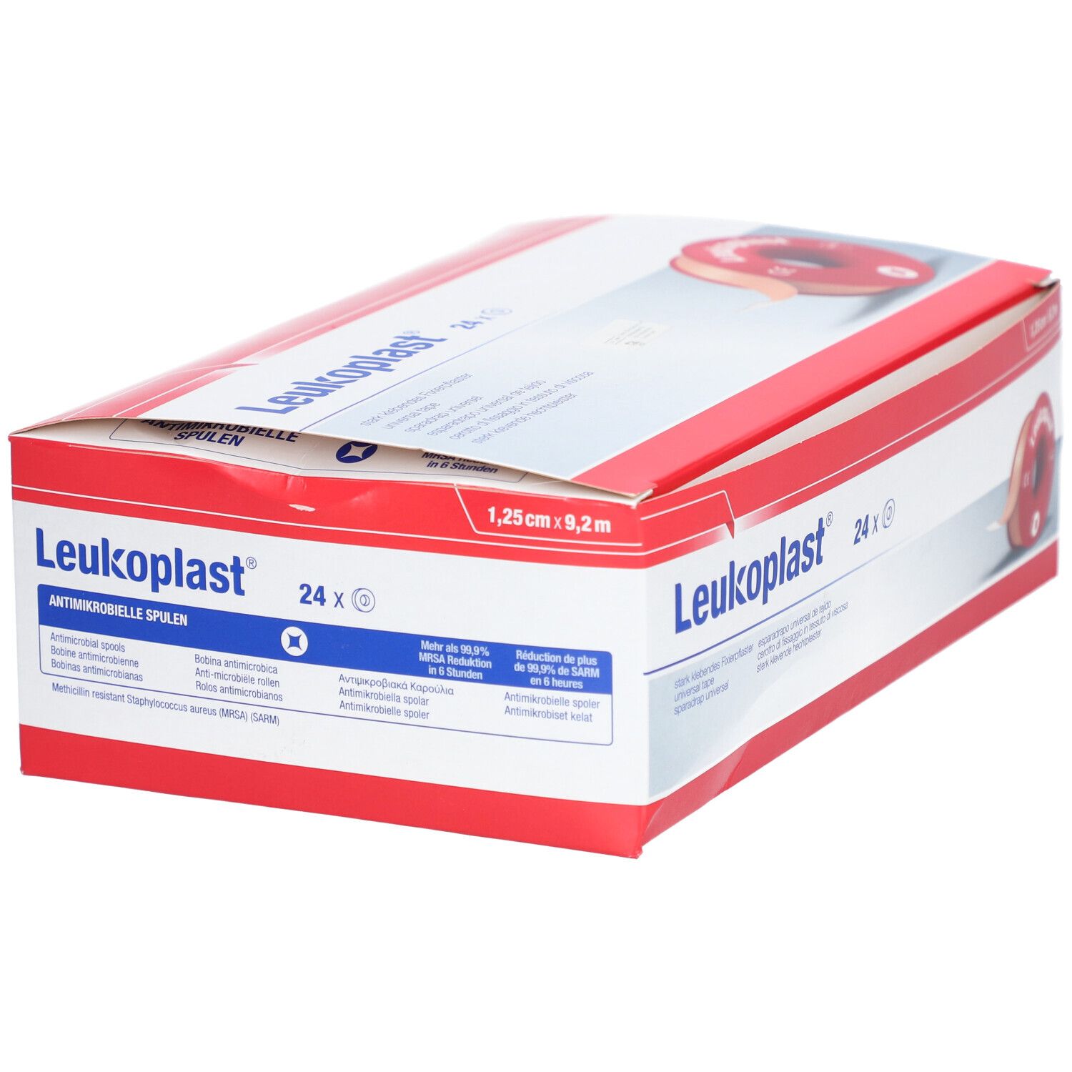 Verpackung von Leukoplast® Spradrap universel. Enthält 24 Rollen. Größe: 1,25 cm x 9,2 m. Verpackung mit Produktinformationen und Logo.