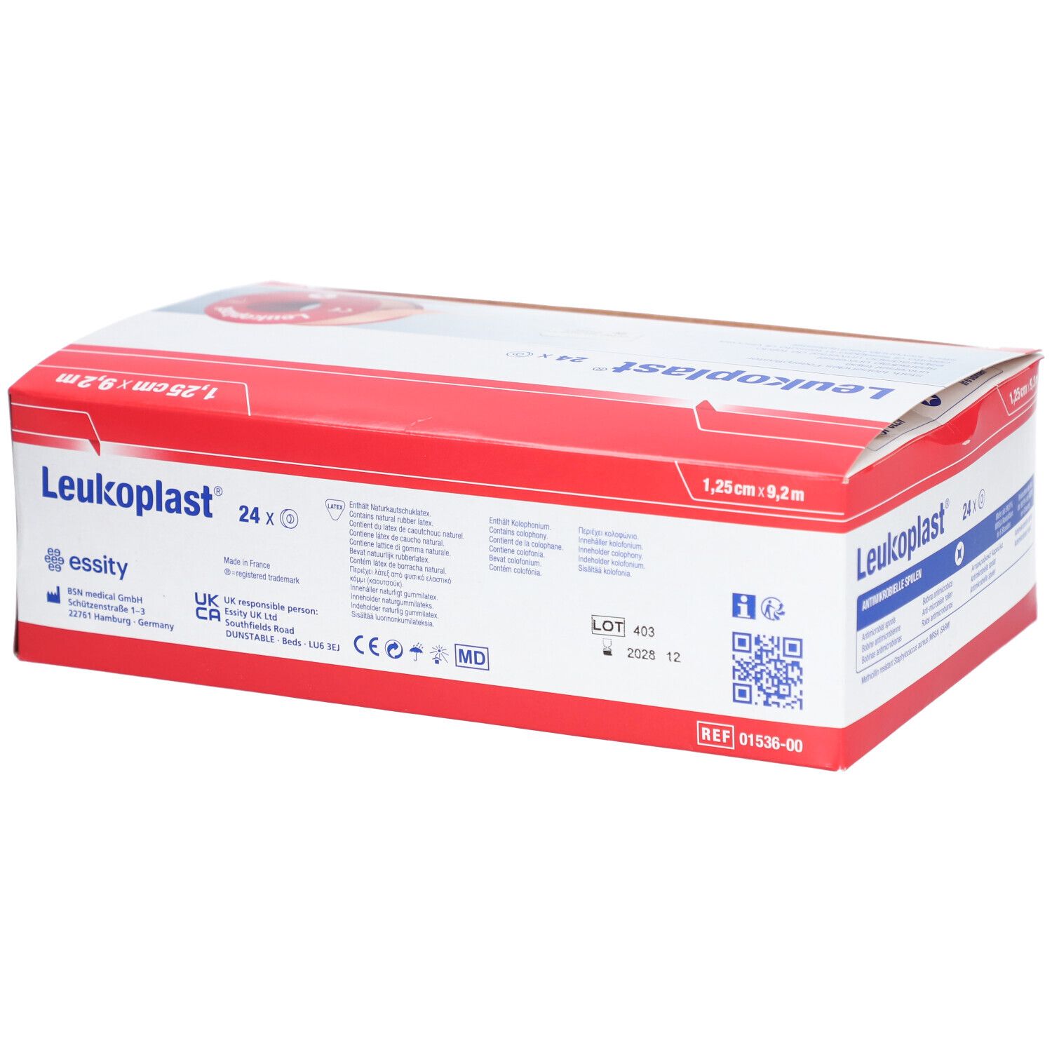 Verpackung von Leukoplast® Spradrap universel. Enthält 24 Rollen. Größe: 1,25 cm x 9,2 m. Verpackung mit Logo, QR-Code und Chargennummer.