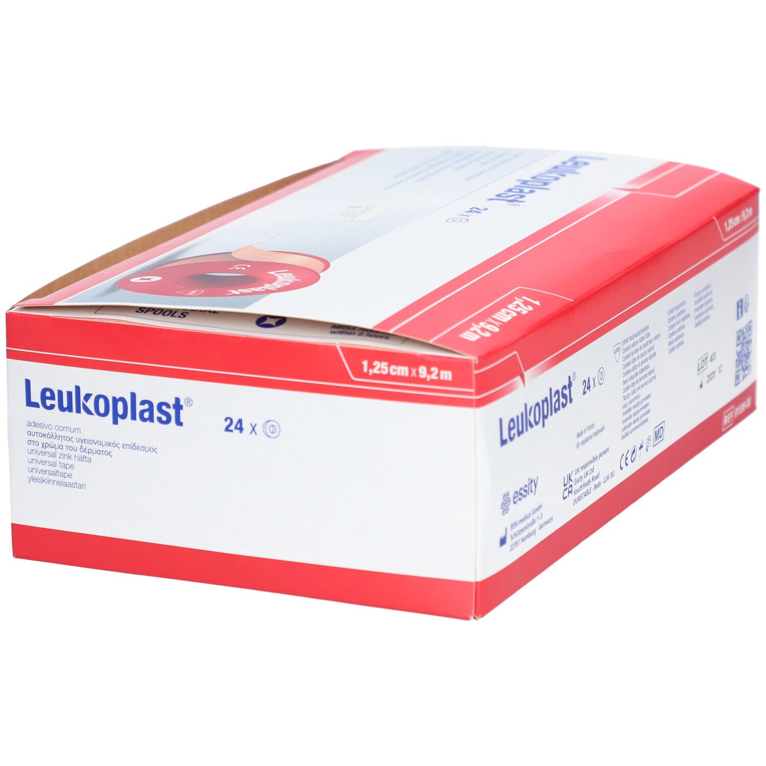 Verpackung von Leukoplast® Spradrap universel. Enthält 24 Rollen. Größe: 1,25 cm x 9,2 m. Verpackung mit Produktinformationen und Logo.