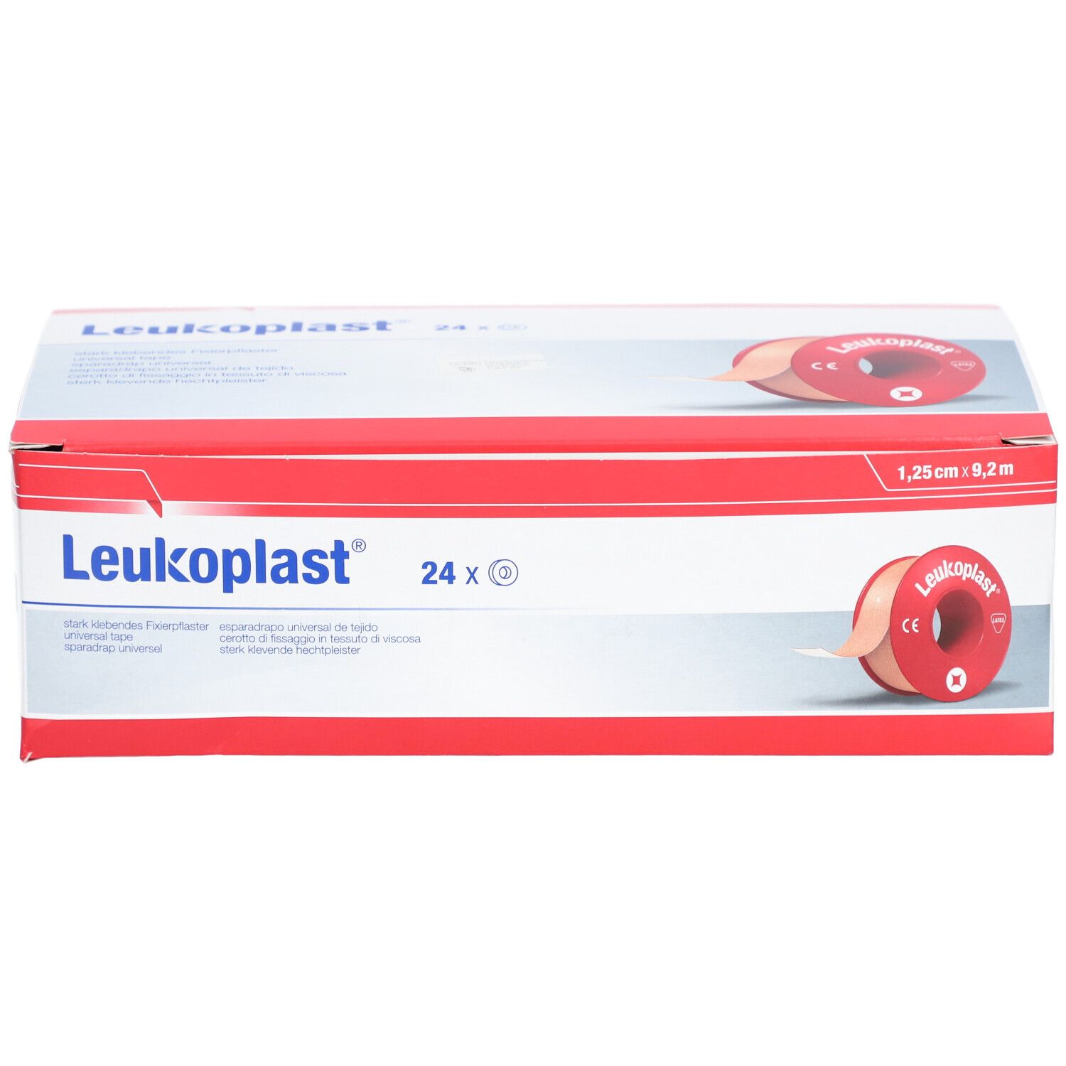 Verpackung von Leukoplast® Spradrap universel. Enthält 24 Rollen. Größe: 1,25 cm x 9,2 m. Verpackung mit Produktlogo und Rollenansicht.